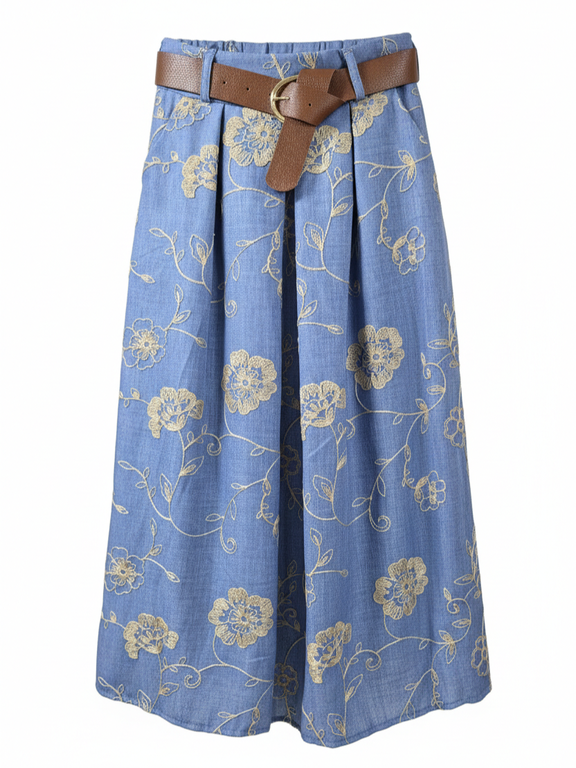 Gonna Sofia midi con cintura fantasia floreale – Blu denim donna