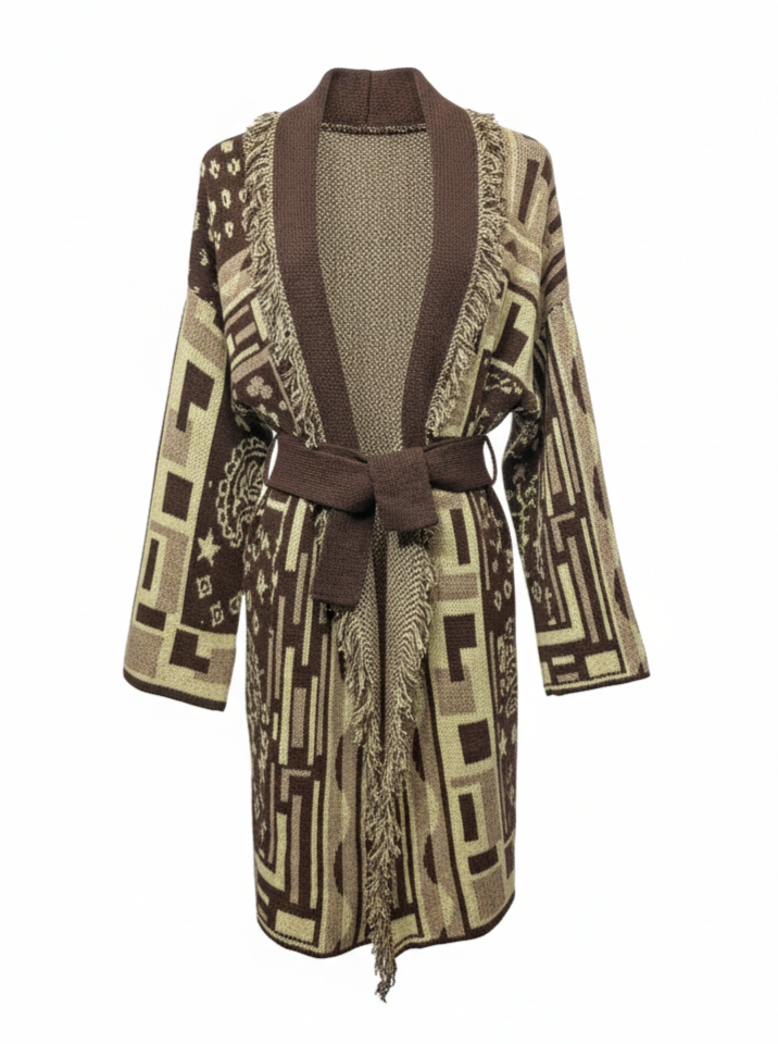 Cardigan Maya lungo con cintura – Marrone e beige donna