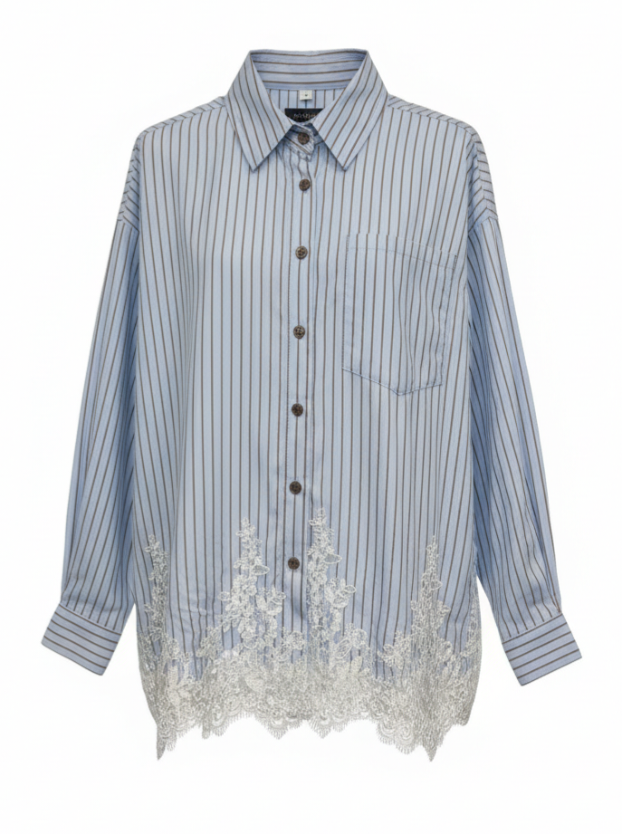 Camicia Clio - Righe azzurre con pizzo donna