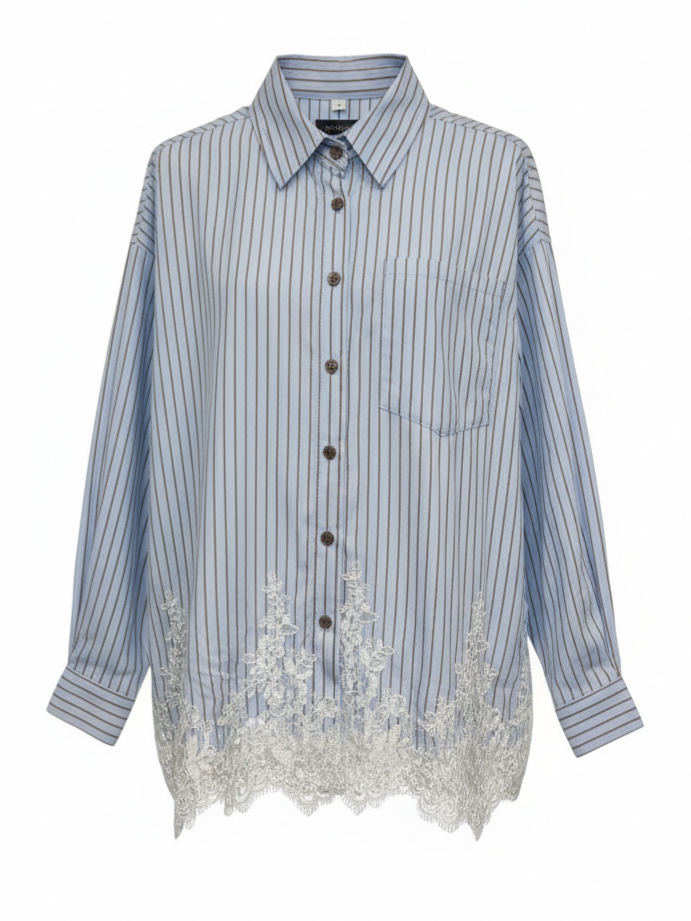 Camicia Clio - Righe azzurre con pizzo donna