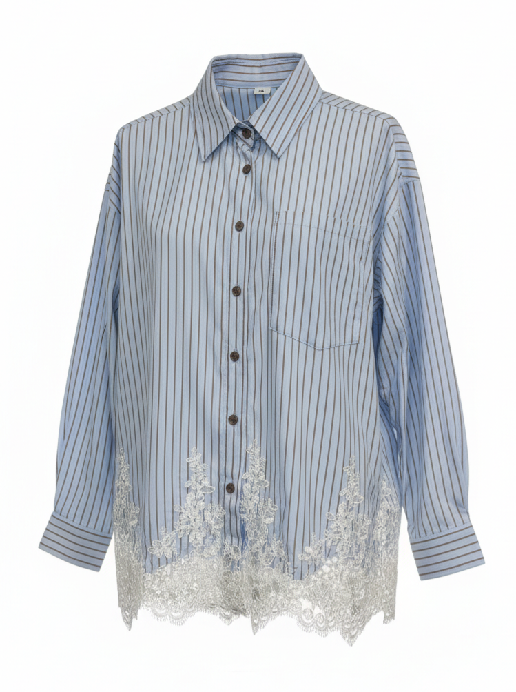 Camicia Clio - Righe azzurre con pizzo donna