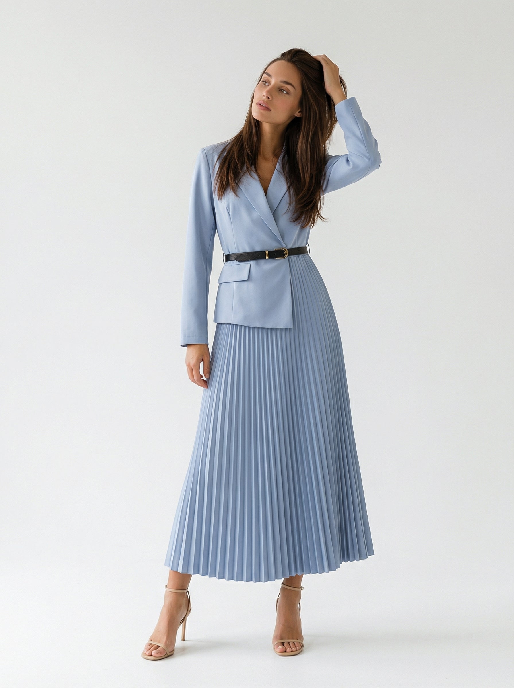 Abito Flavia plissé con effetto giacca – Celeste Polvere donna