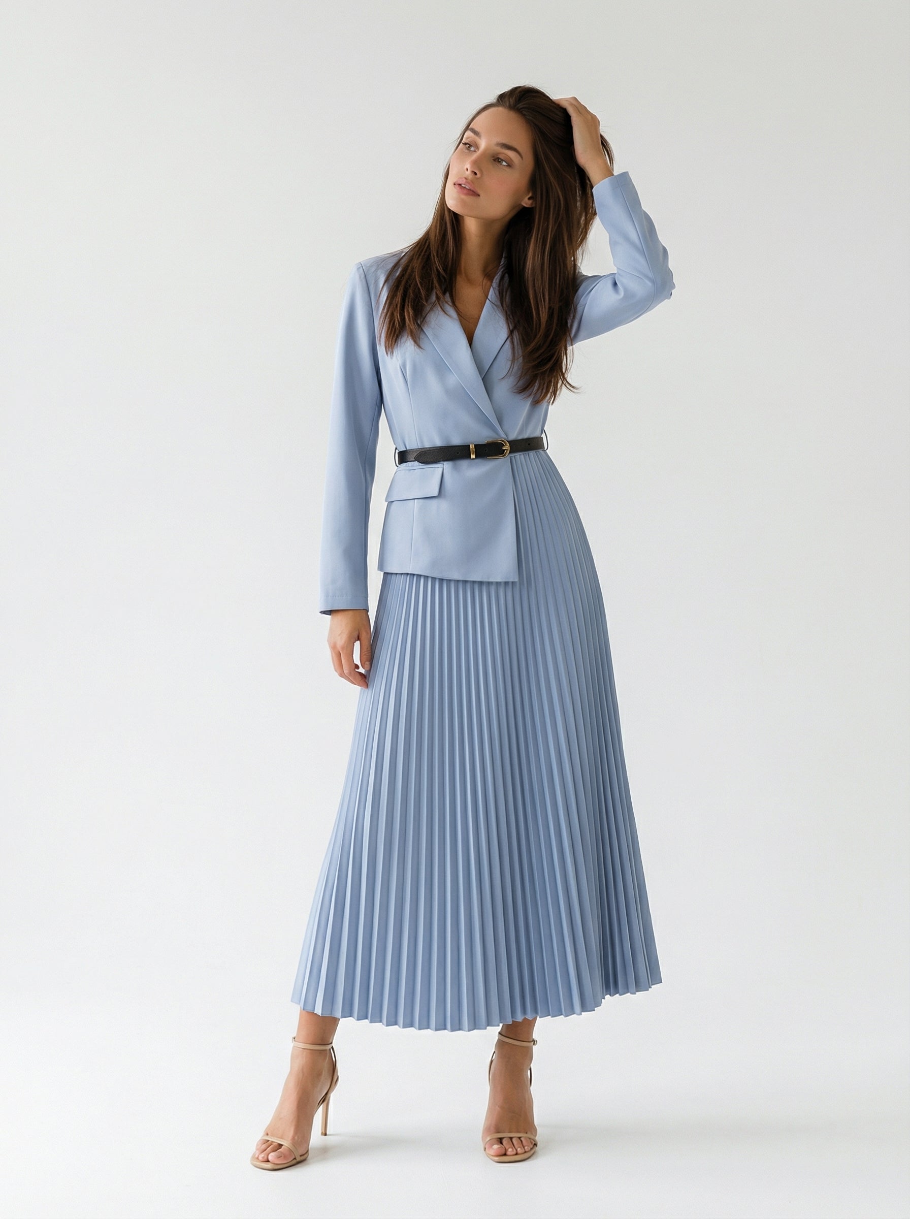 Abito Flavia plissé con effetto giacca – Celeste Polvere donna