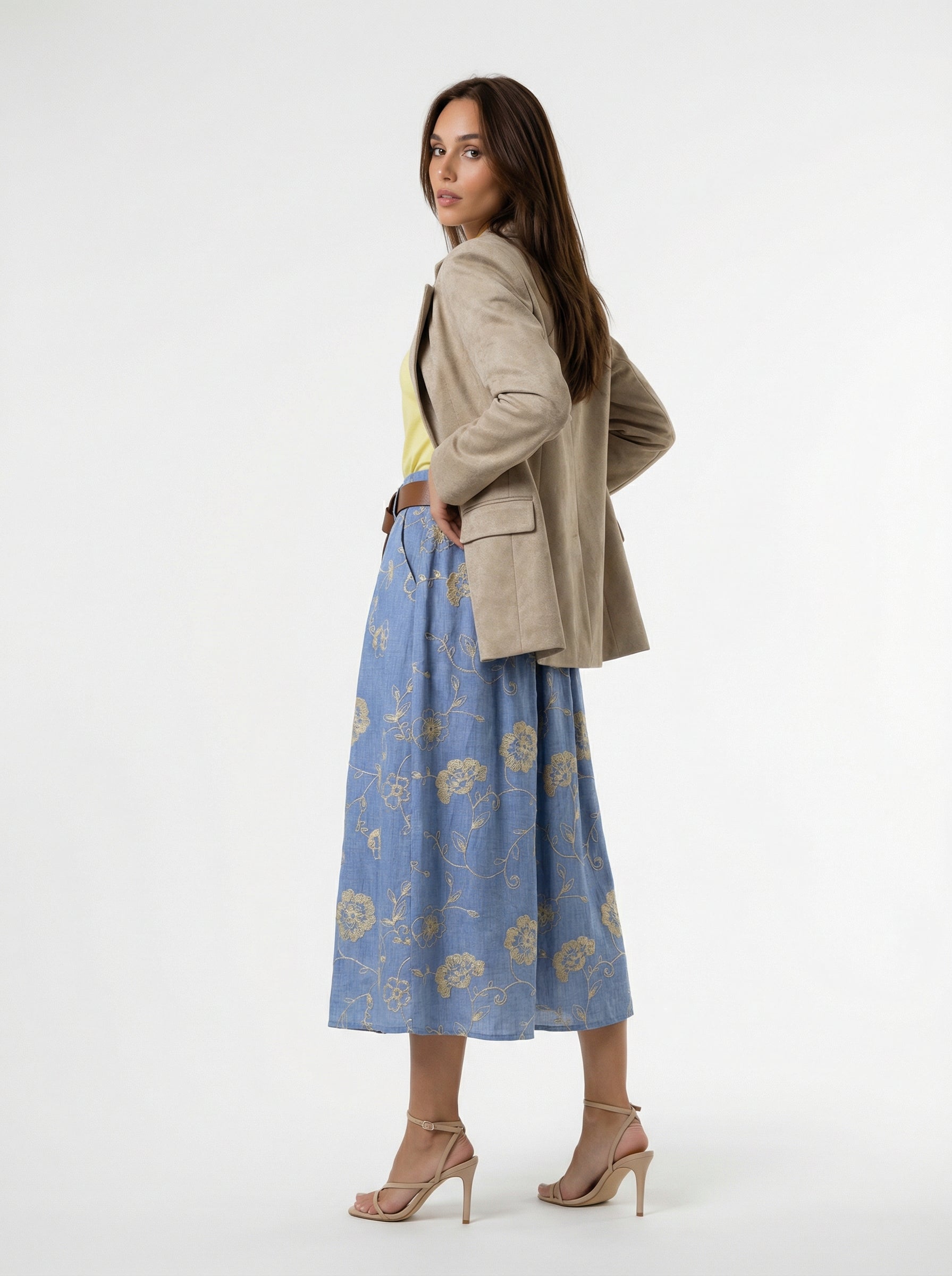 Gonna Sofia midi con cintura fantasia floreale – Blu denim donna