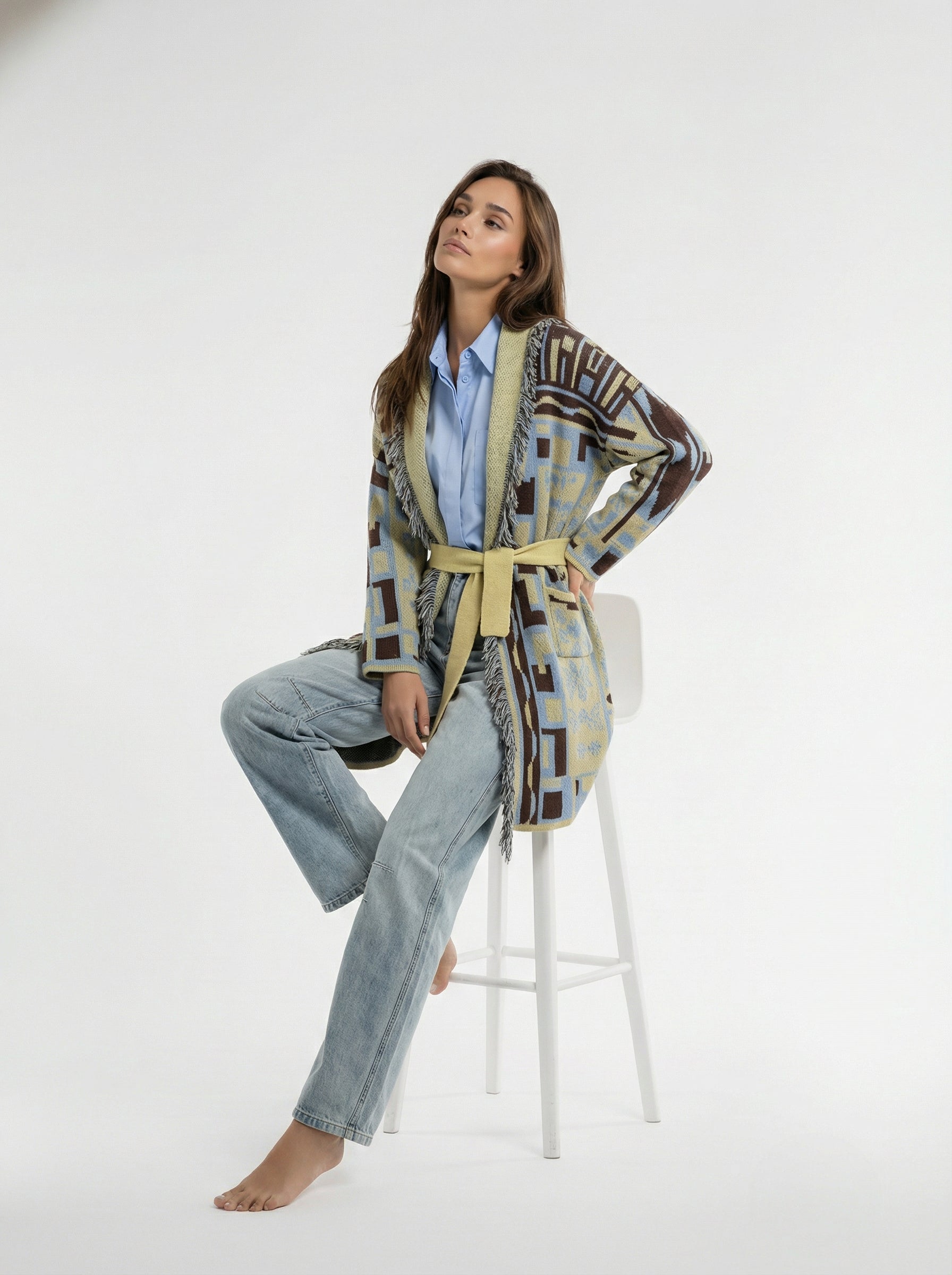 Cardigan Maya lungo con cintura – Giallo e celeste donna