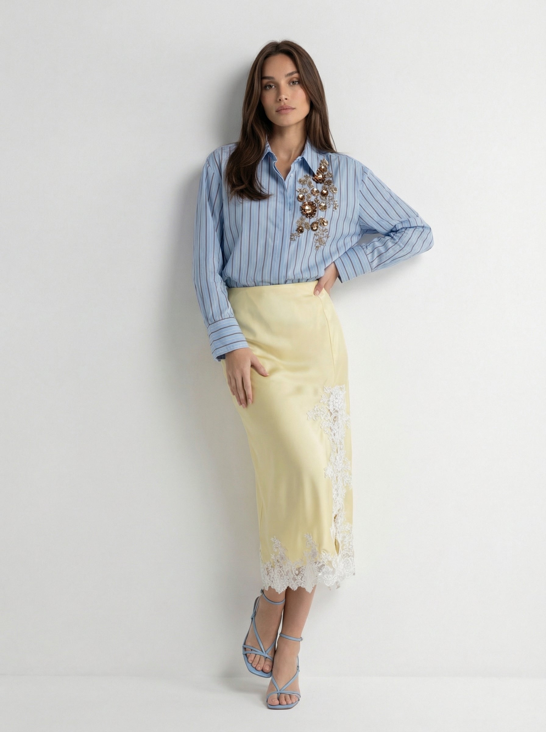 Camicia Nadia a righe con applicazioni – Azzurro donna