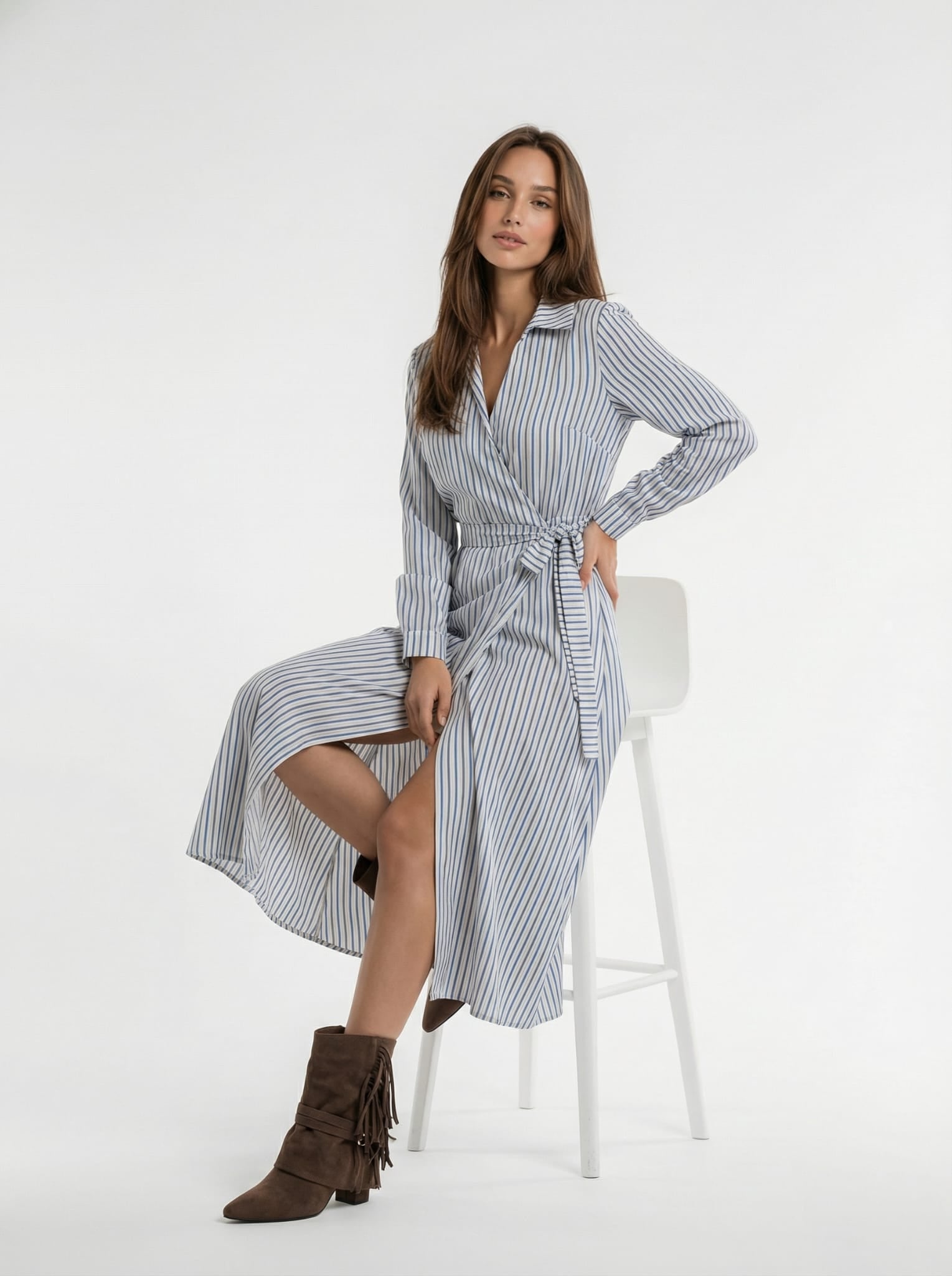 Abito Lavinia midi rigato con cintura – cotone stretch donna