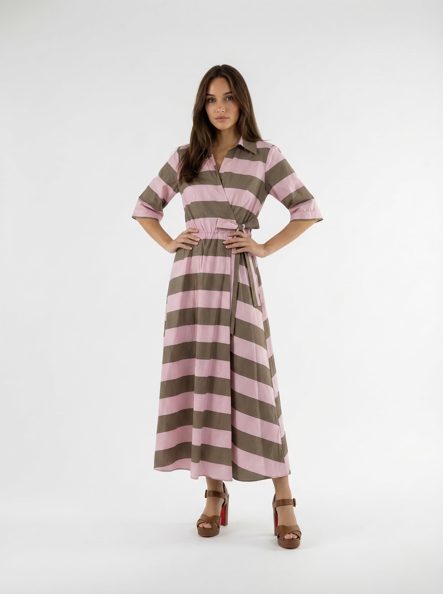 Abito Kyoto kimono a righe con cintura - rosa e marrone donna