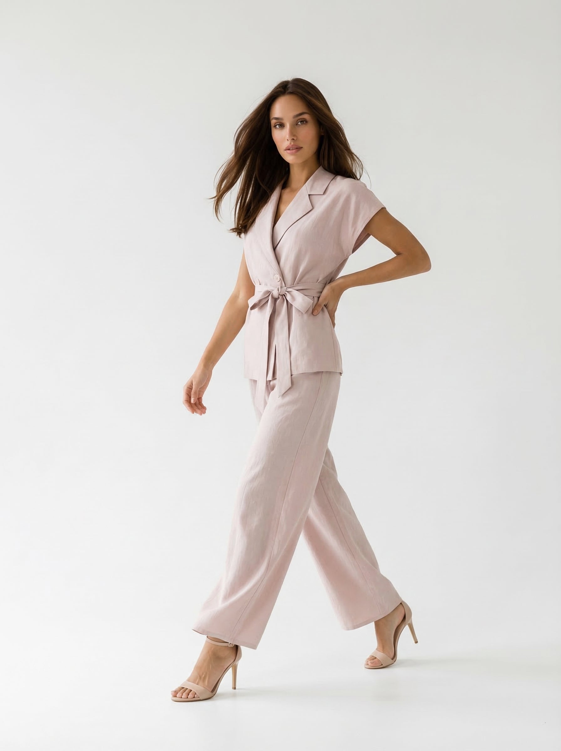 Coordinato Filet blazer doppiopetto e pantalone palazzo - rosa cipria donna