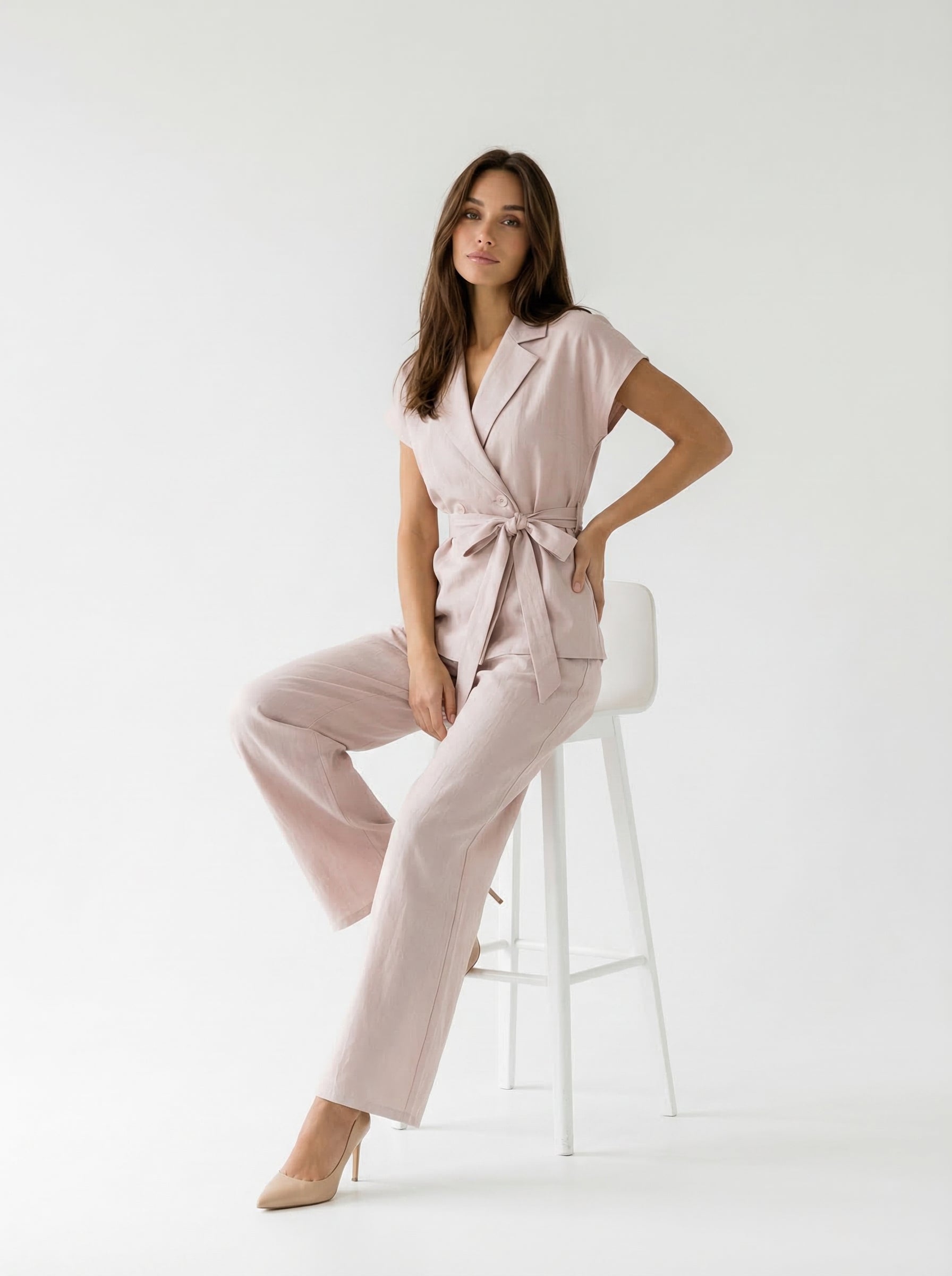 Coordinato Filet blazer doppiopetto e pantalone palazzo - rosa cipria donna