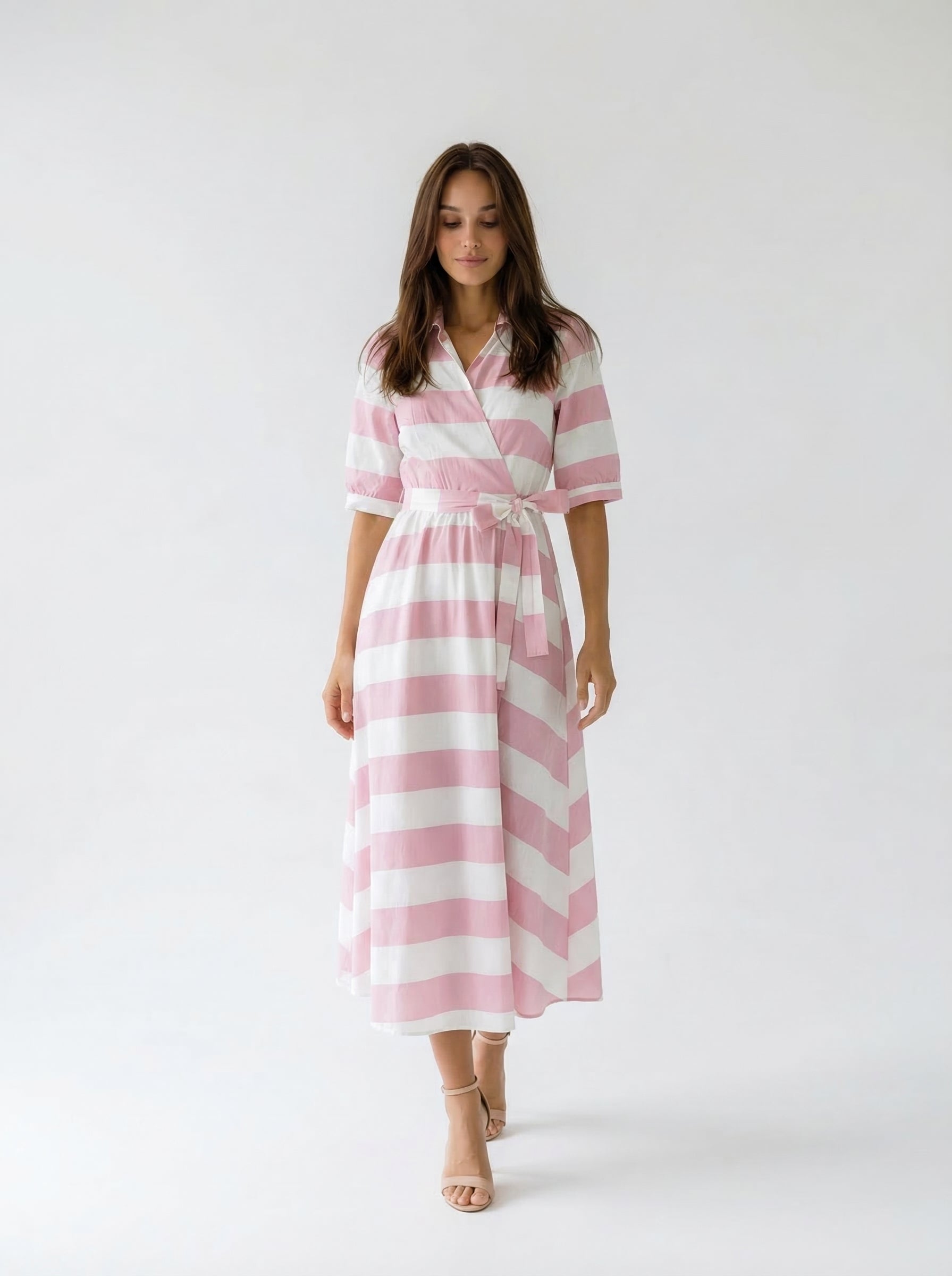 Abito Kyoto kimono a righe con cintura - rosa e burro donna