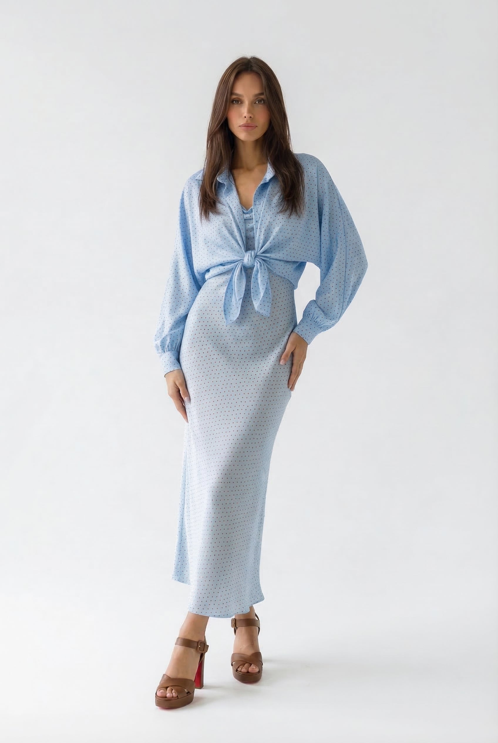 Coordinato Liria abito lungo e camicia kimono pois - azzurro donna