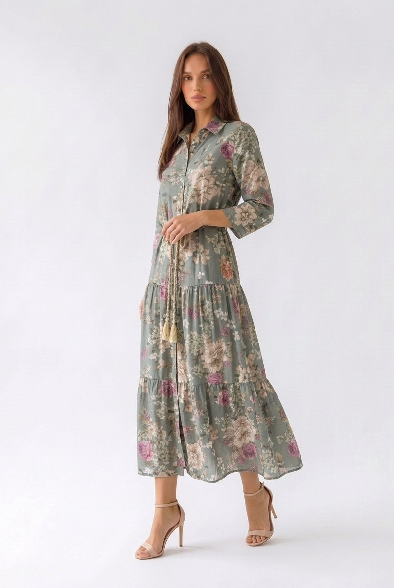 Abito Florelle chemisier in mussola - Verde militare donna