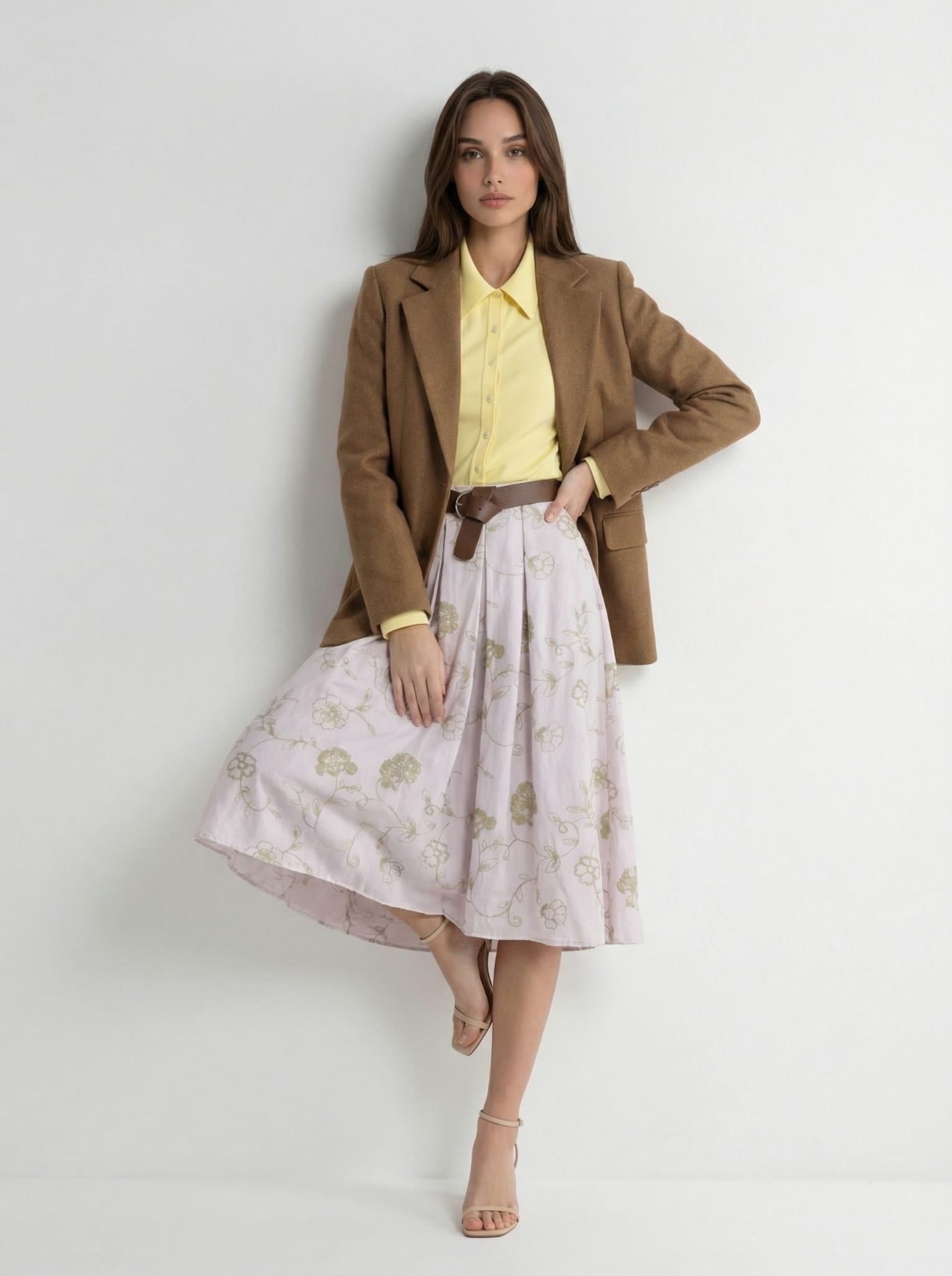 Gonna Sofia midi con cintura fantasia floreale – Rosa chiaro donna