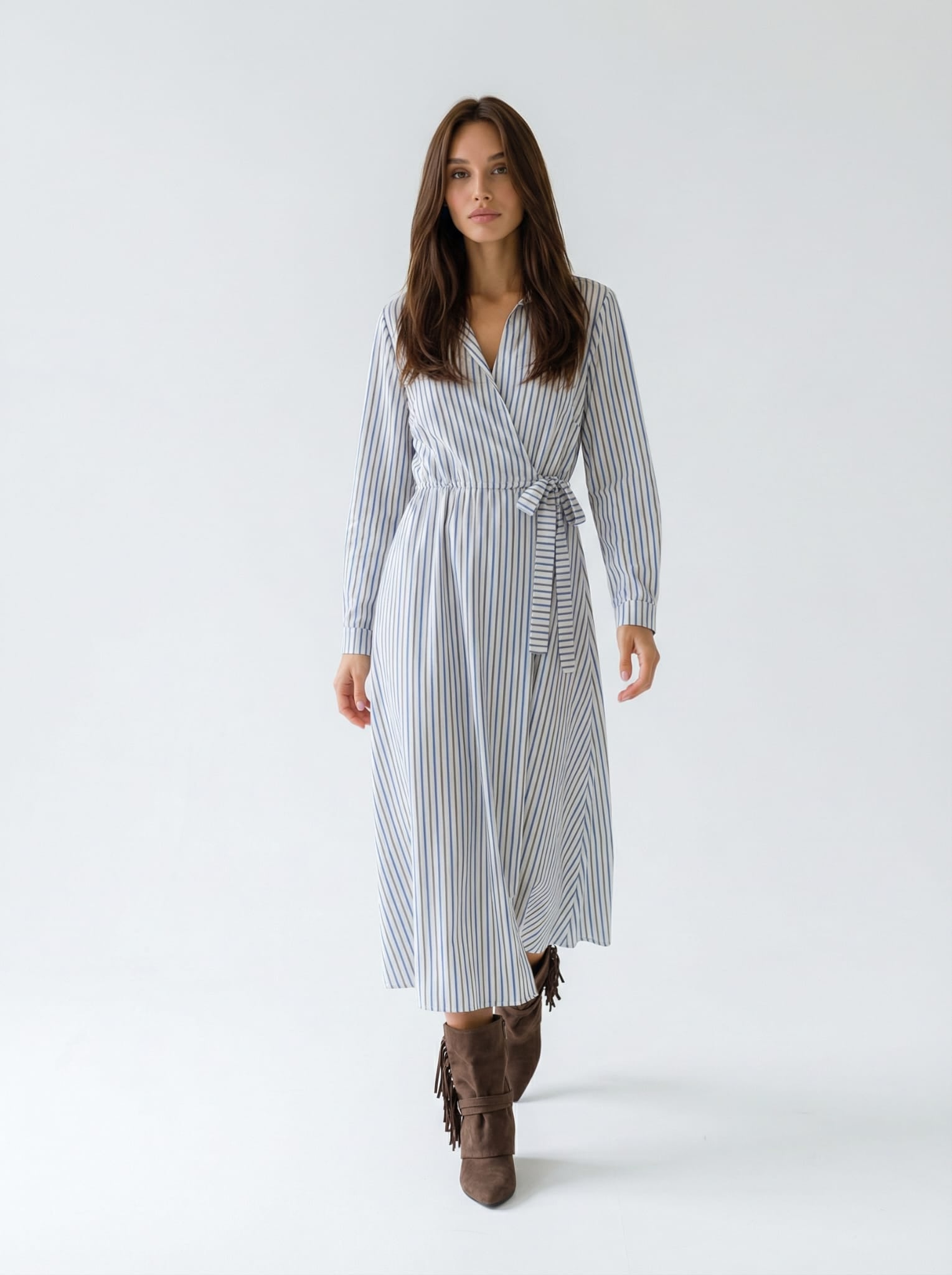 Abito Lavinia midi rigato con cintura – cotone stretch donna