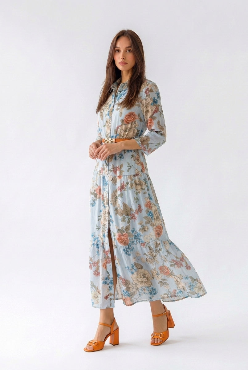 Abito Florelle chemisier in mussola - Azzurro donna