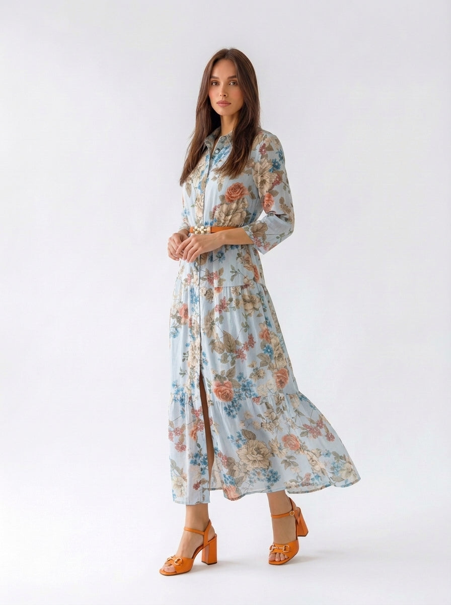 Abito Florelle chemisier in mussola - Azzurro donna