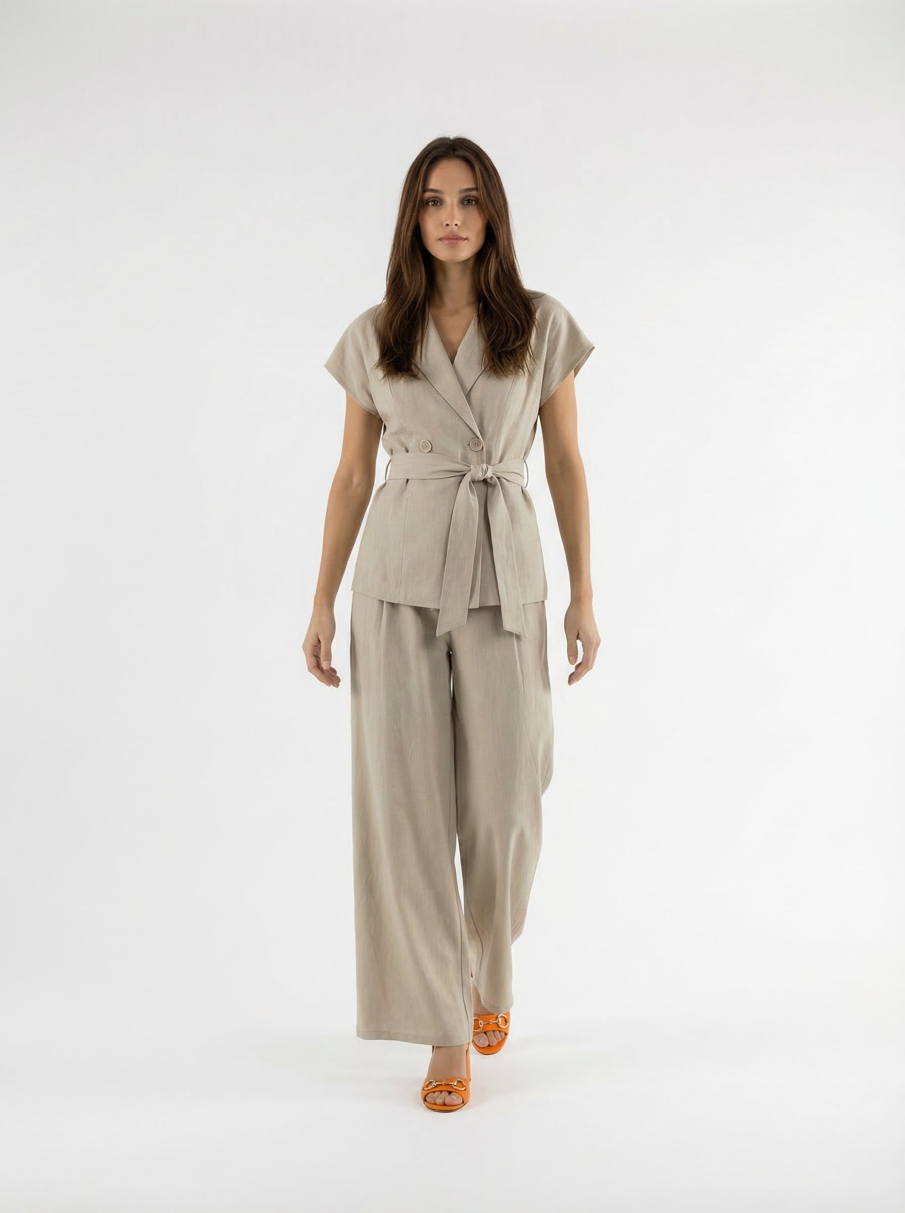 Coordinato Filet blazer doppiopetto e pantalone palazzo - sabbia donna