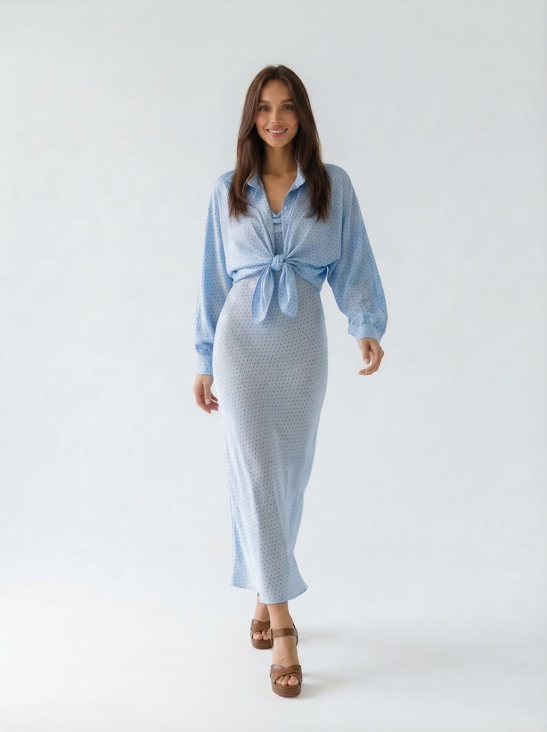 Coordinato Liria abito lungo e camicia kimono pois - azzurro donna