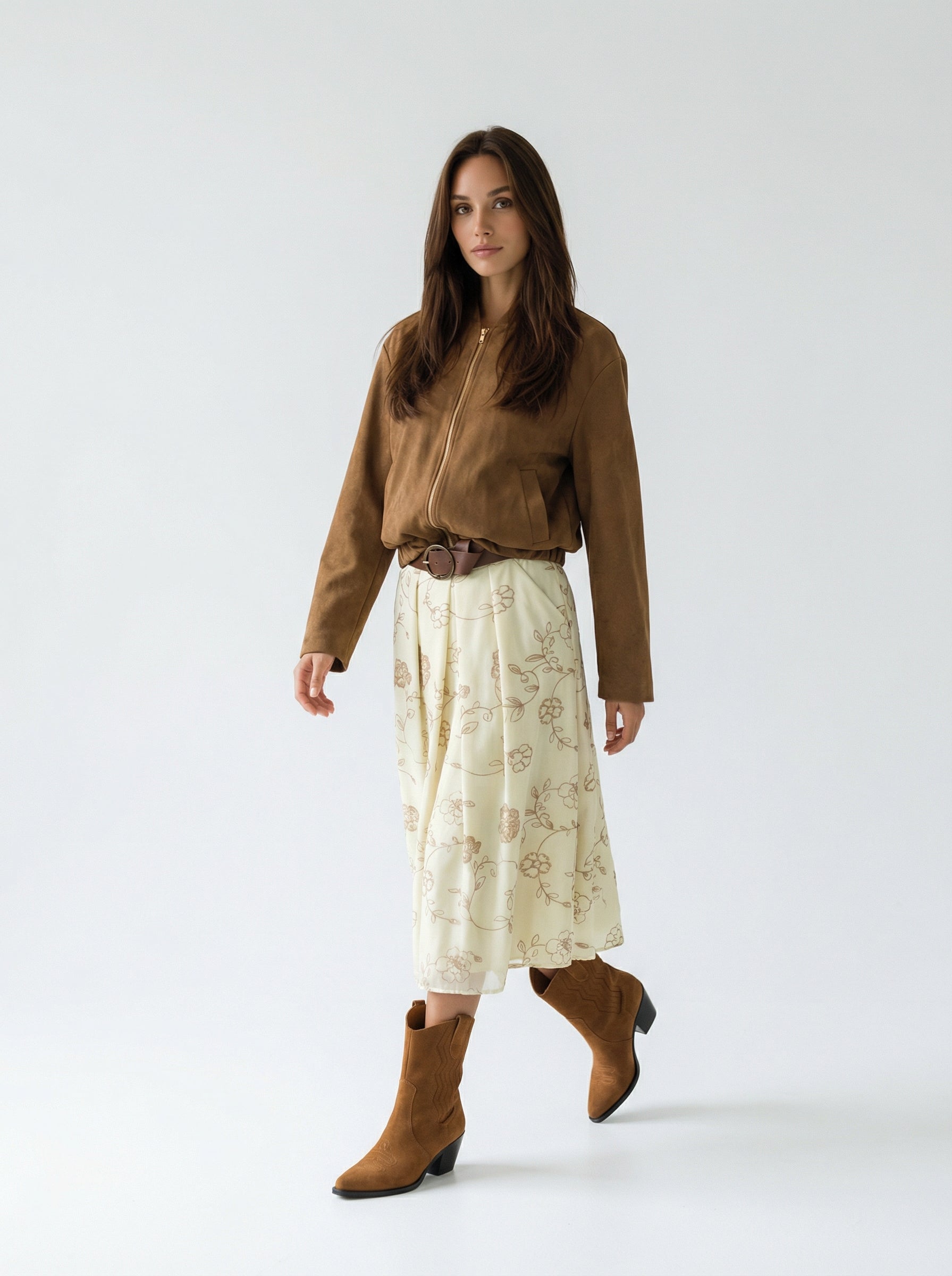 Gonna Sofia midi con cintura fantasia floreale – Giallo chiaro donna