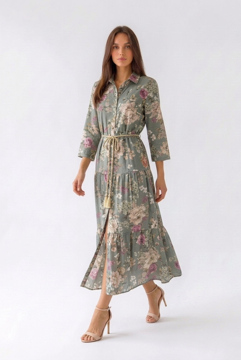 Abito Florelle chemisier in mussola - Verde militare donna