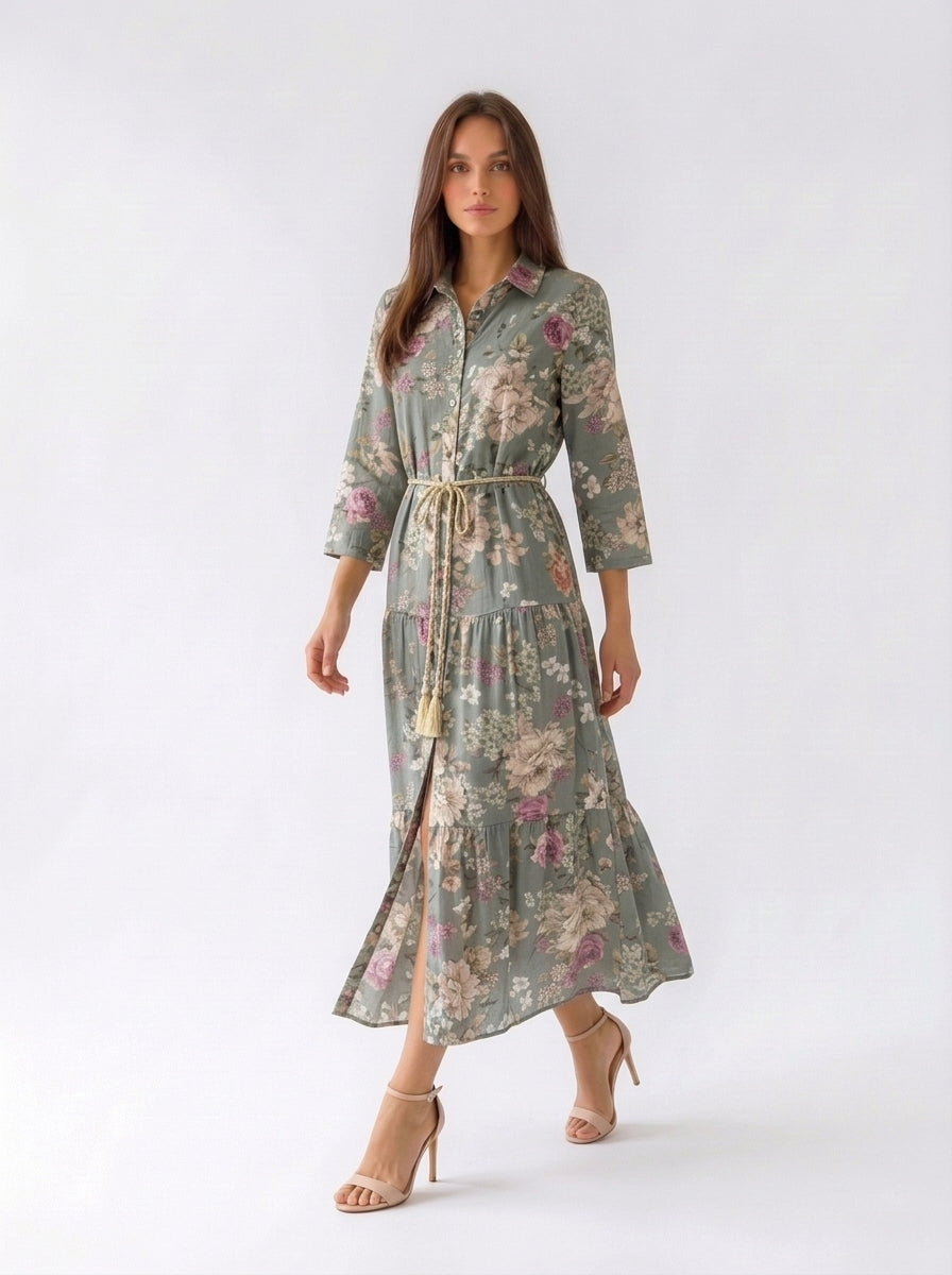 Abito Florelle chemisier in mussola - Verde militare donna