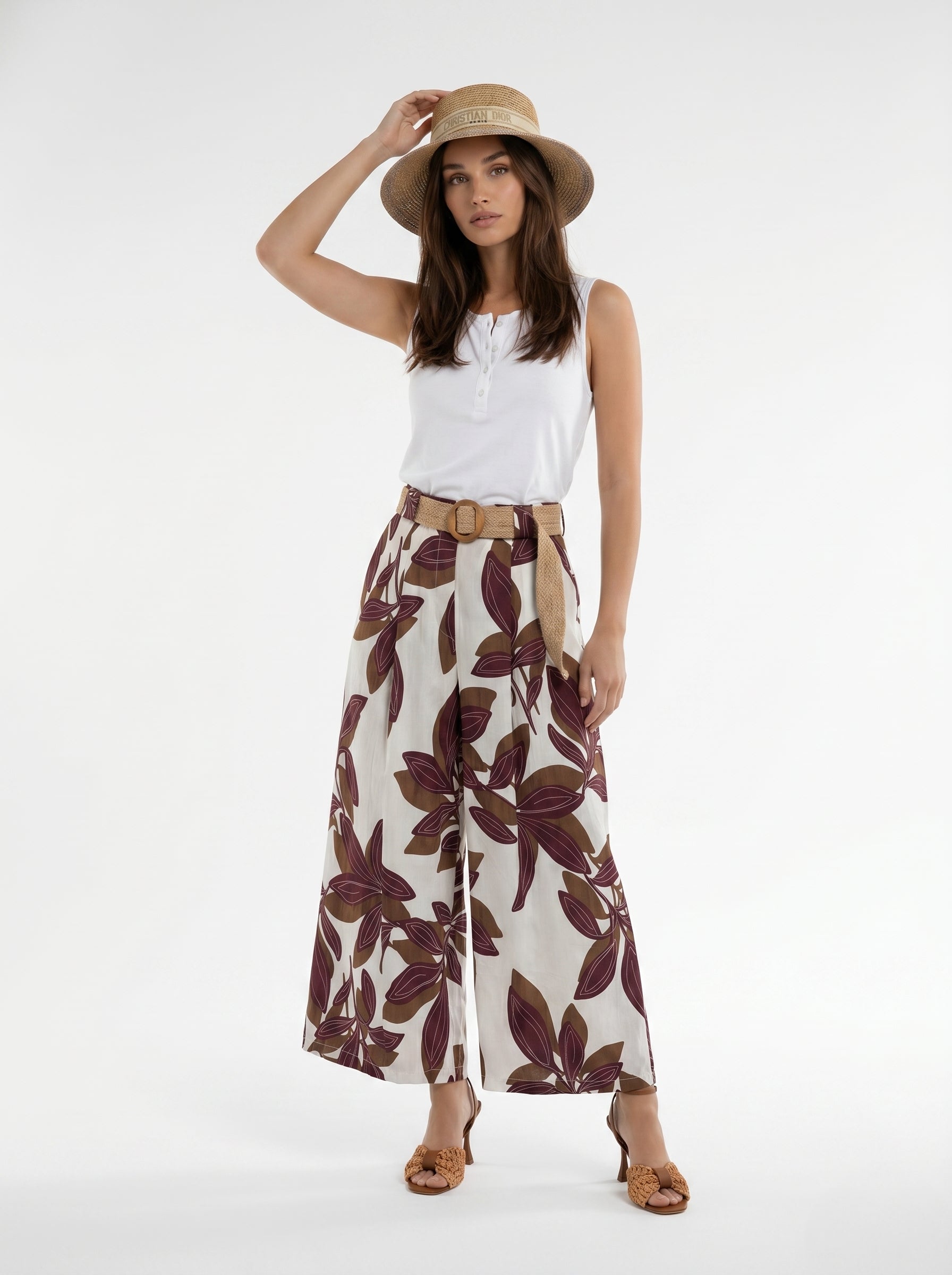 Pantalone Marbella - fantasia foliage bordeaux e beige donna