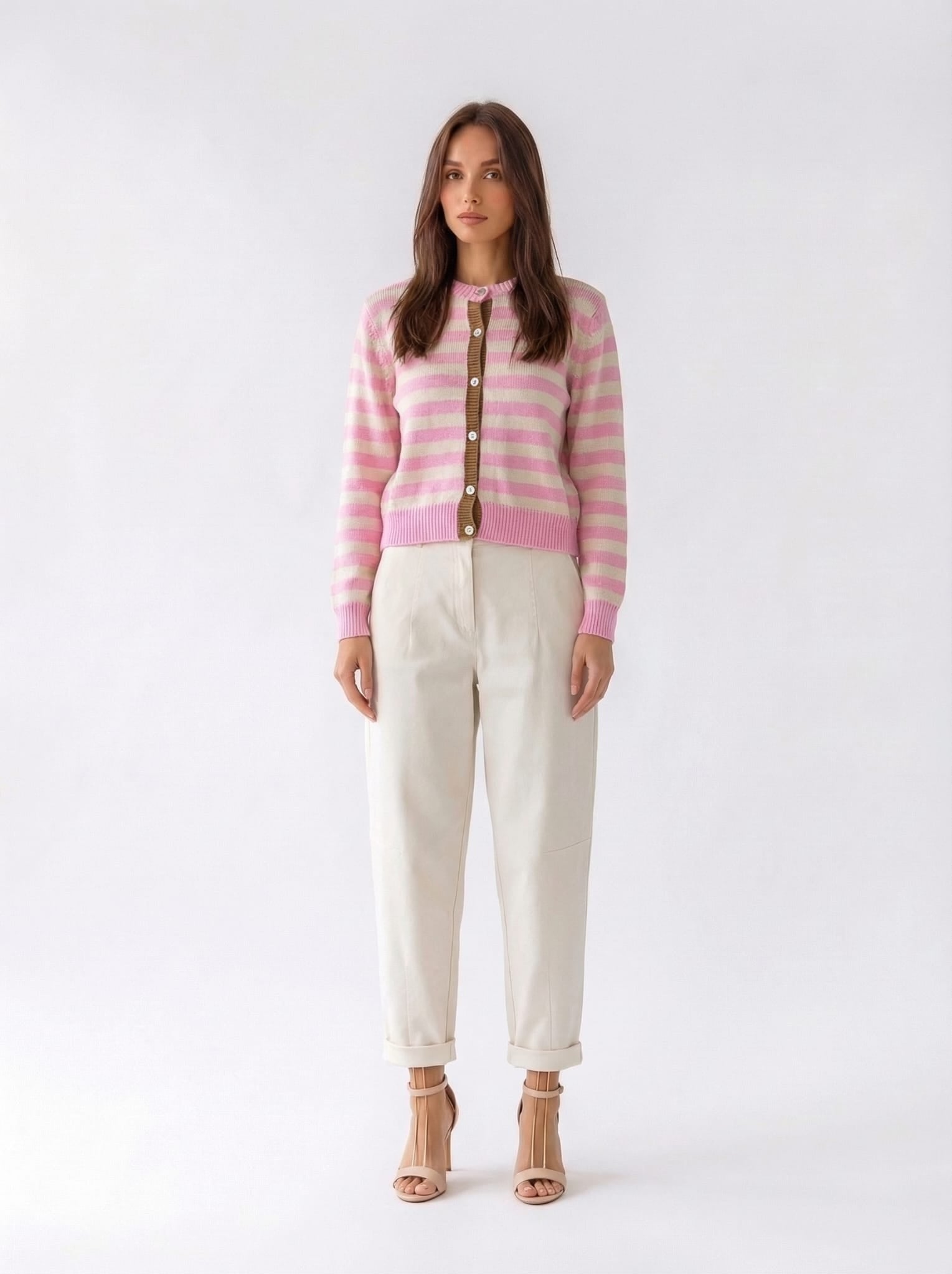 Cardigan Luma a righe con bottoni e profili - rosa baby donna
