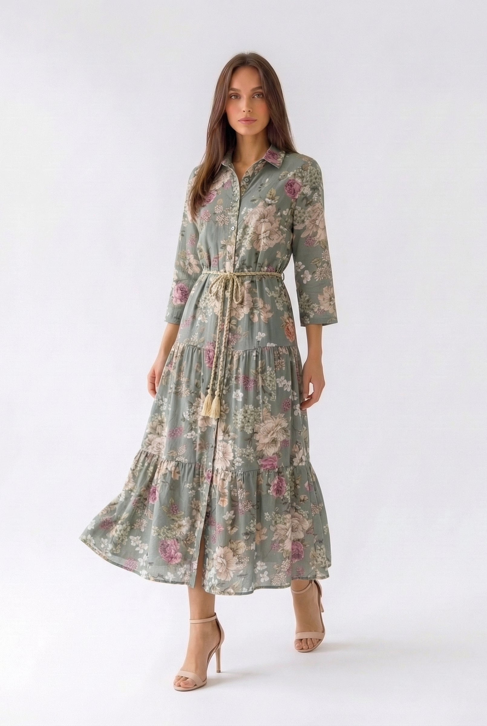 Abito Florelle chemisier in mussola - Verde militare donna