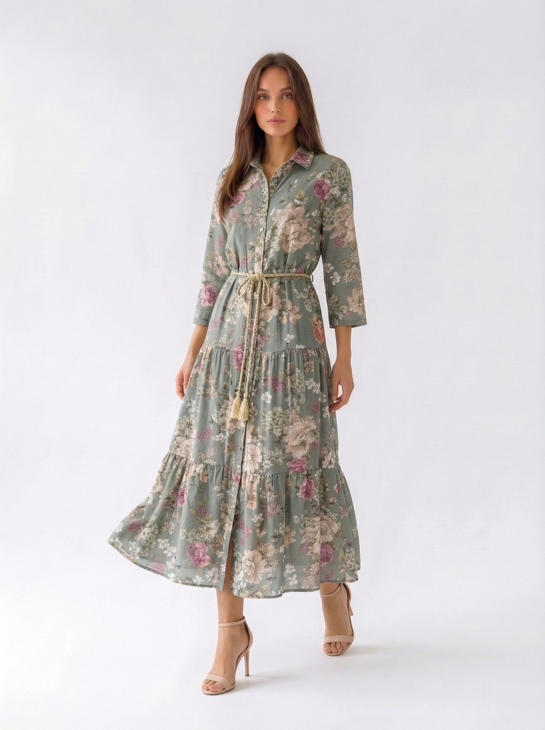 Abito Florelle chemisier in mussola - Verde militare donna