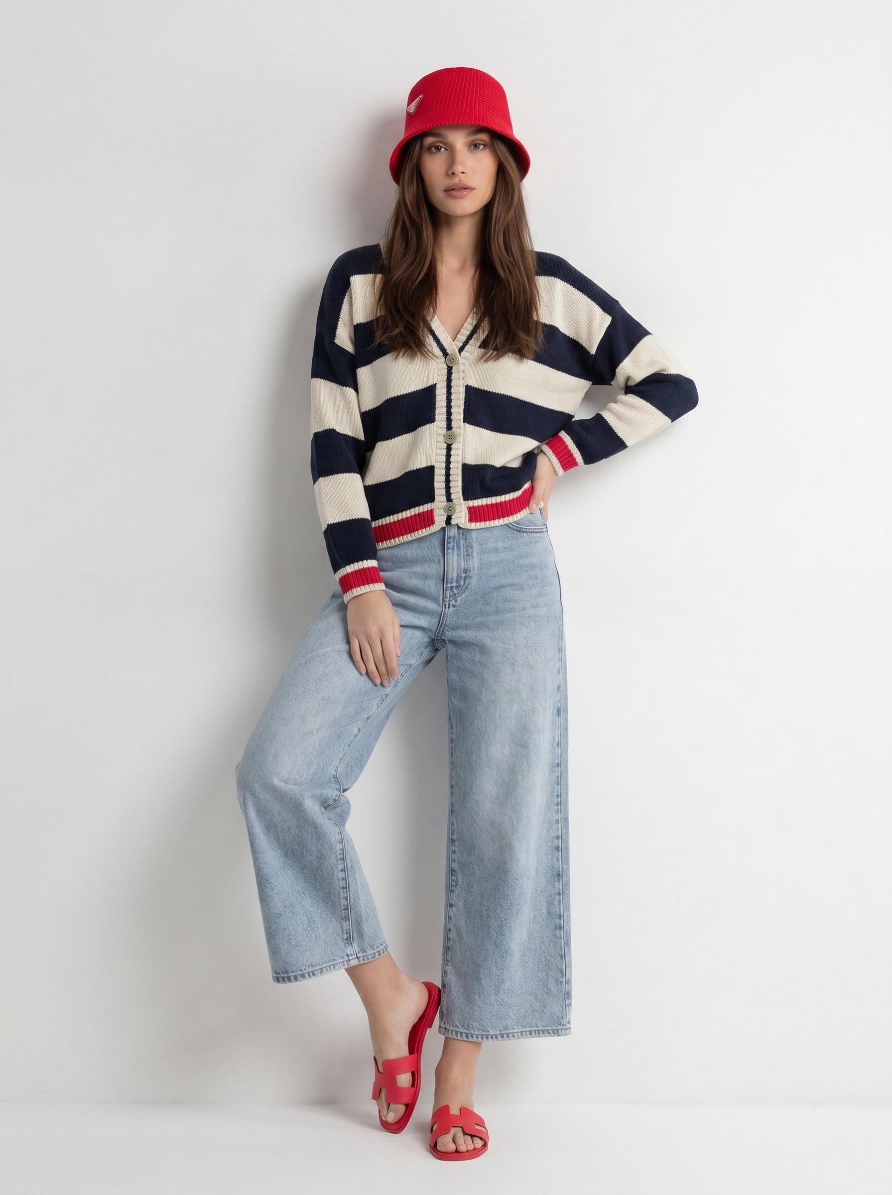 Cardigan Soleil - Rigato blu e panna donna