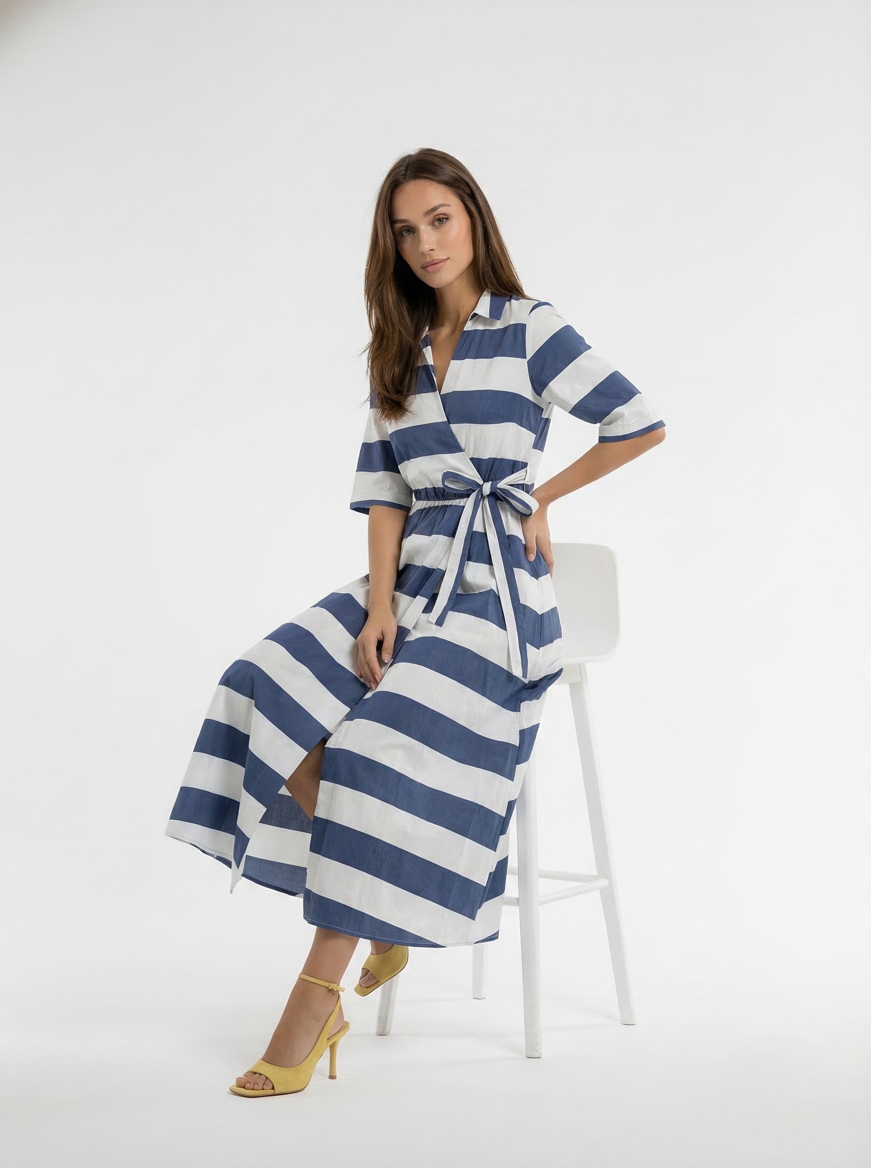 Abito Kyoto kimono a righe con cintura - blu e burro donna