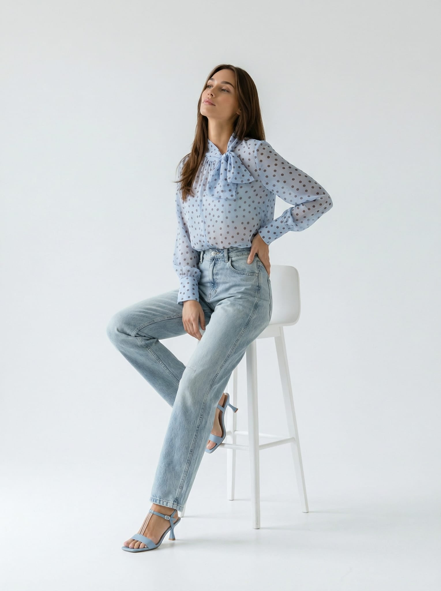 Camicia Luna - Azzurro con pois marrone donna