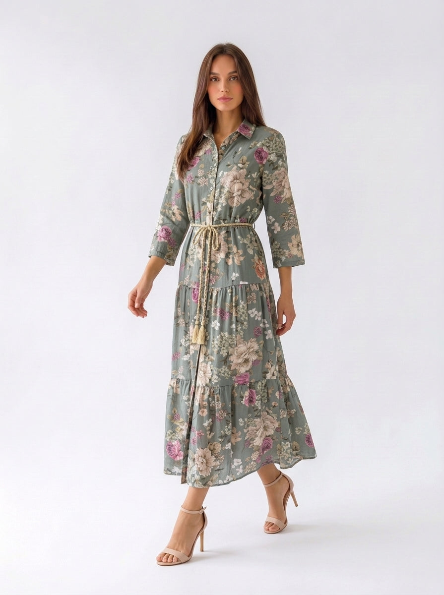 Abito Florelle chemisier in mussola - Verde militare donna