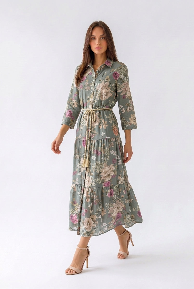 Abito Florelle chemisier in mussola - Verde militare donna