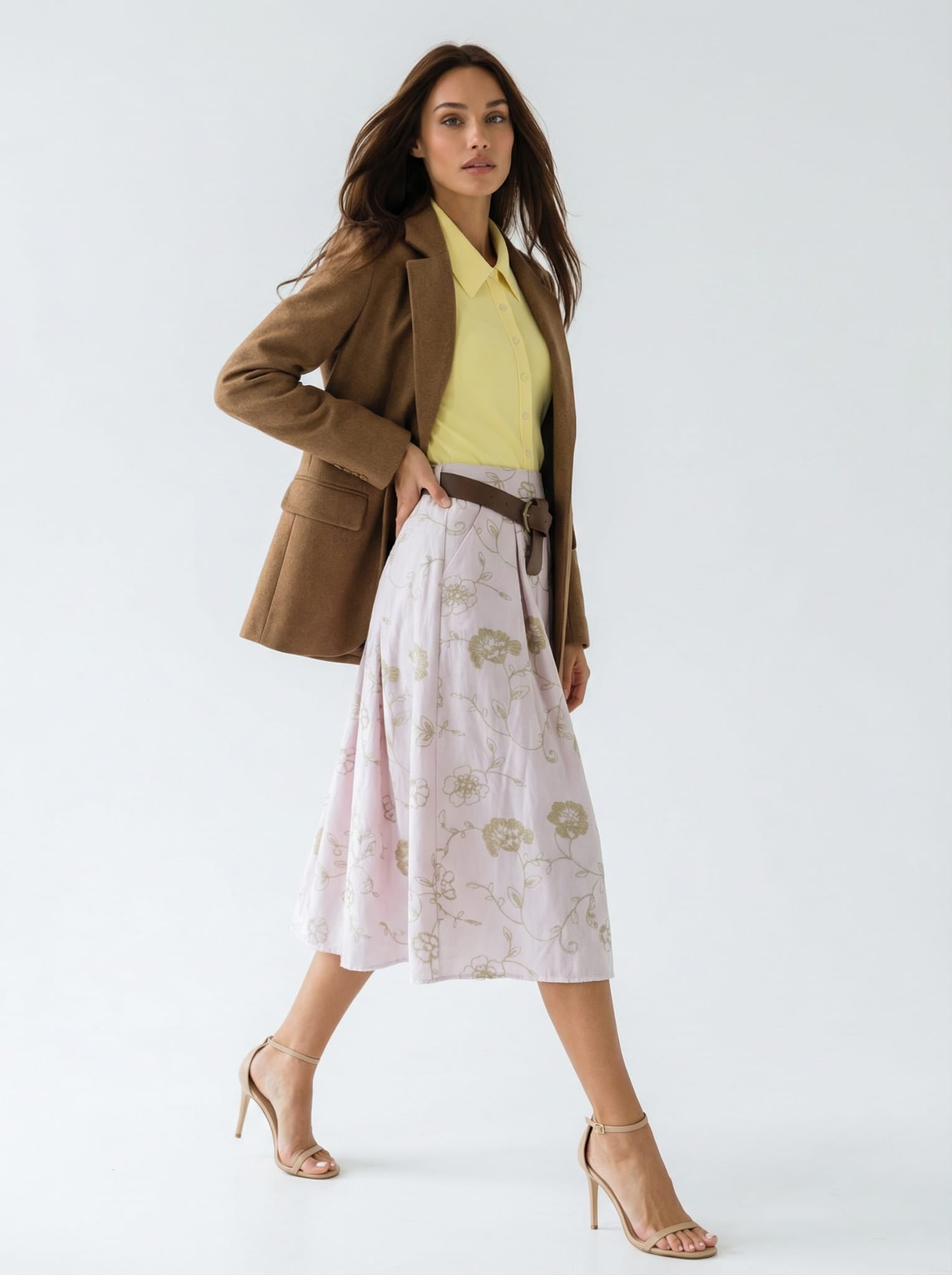 Gonna Sofia midi con cintura fantasia floreale – Rosa chiaro donna