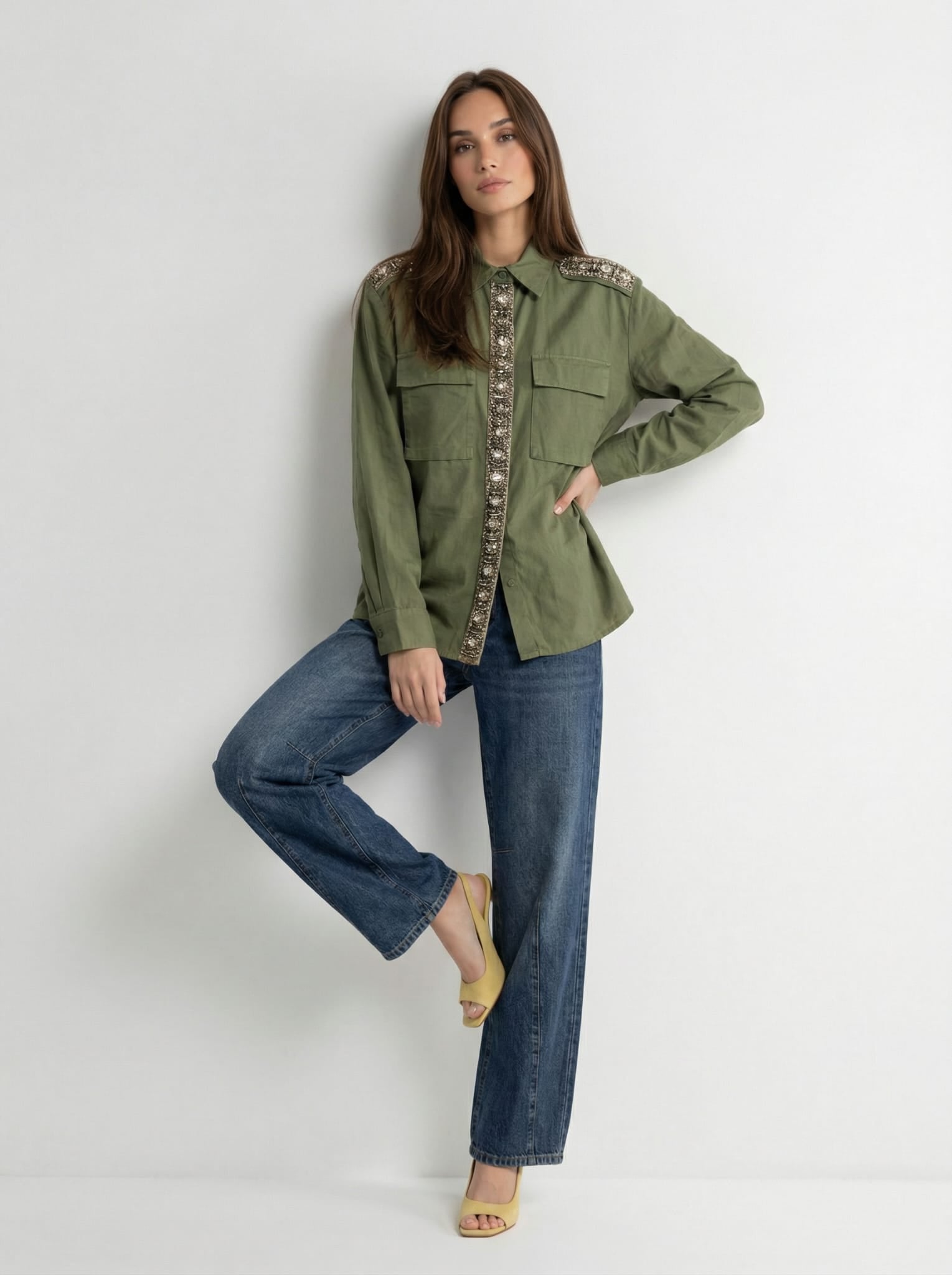 Camicia giacca Daphne con applicazioni gioiello – Verde militare donna