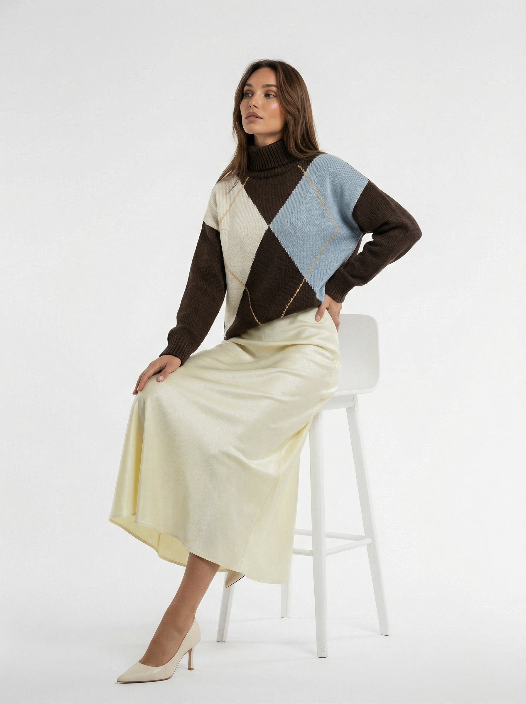 Mila – Pull caldo in lana con rombi Marrone donna