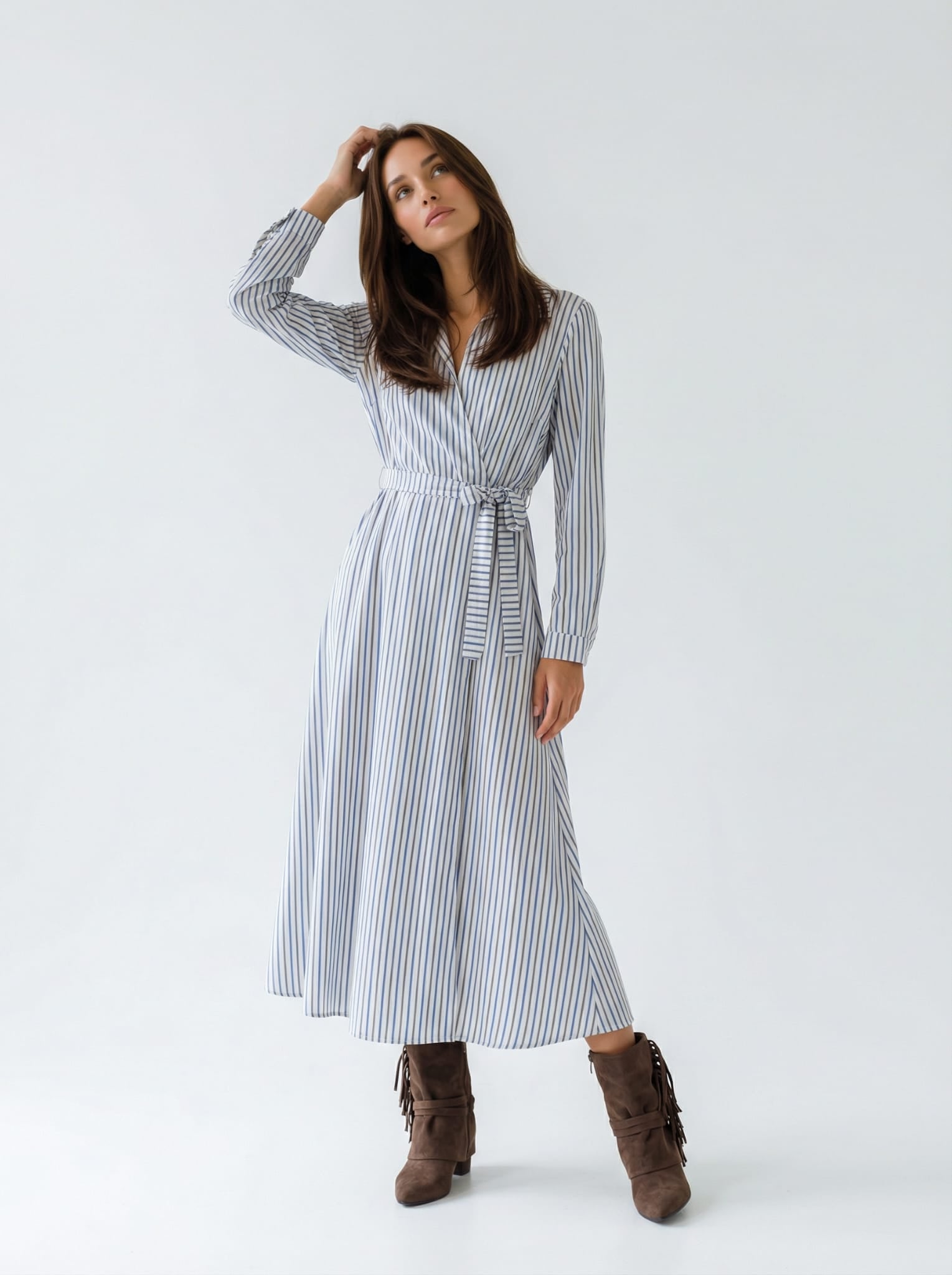 Abito Lavinia midi rigato con cintura – cotone stretch donna