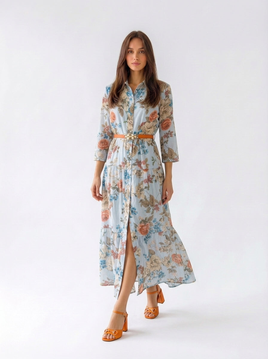 Abito Florelle chemisier in mussola - Azzurro donna