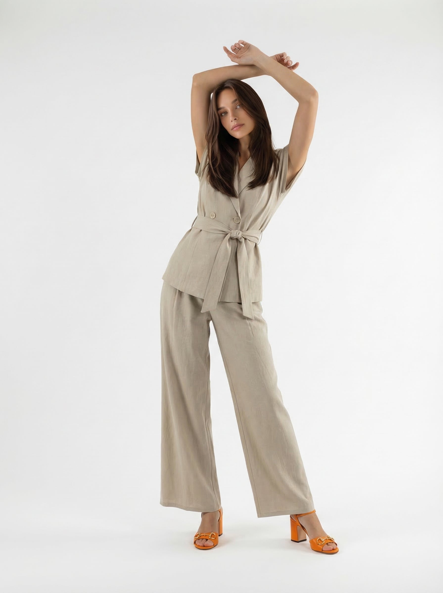 Coordinato Filet blazer doppiopetto e pantalone palazzo - sabbia donna