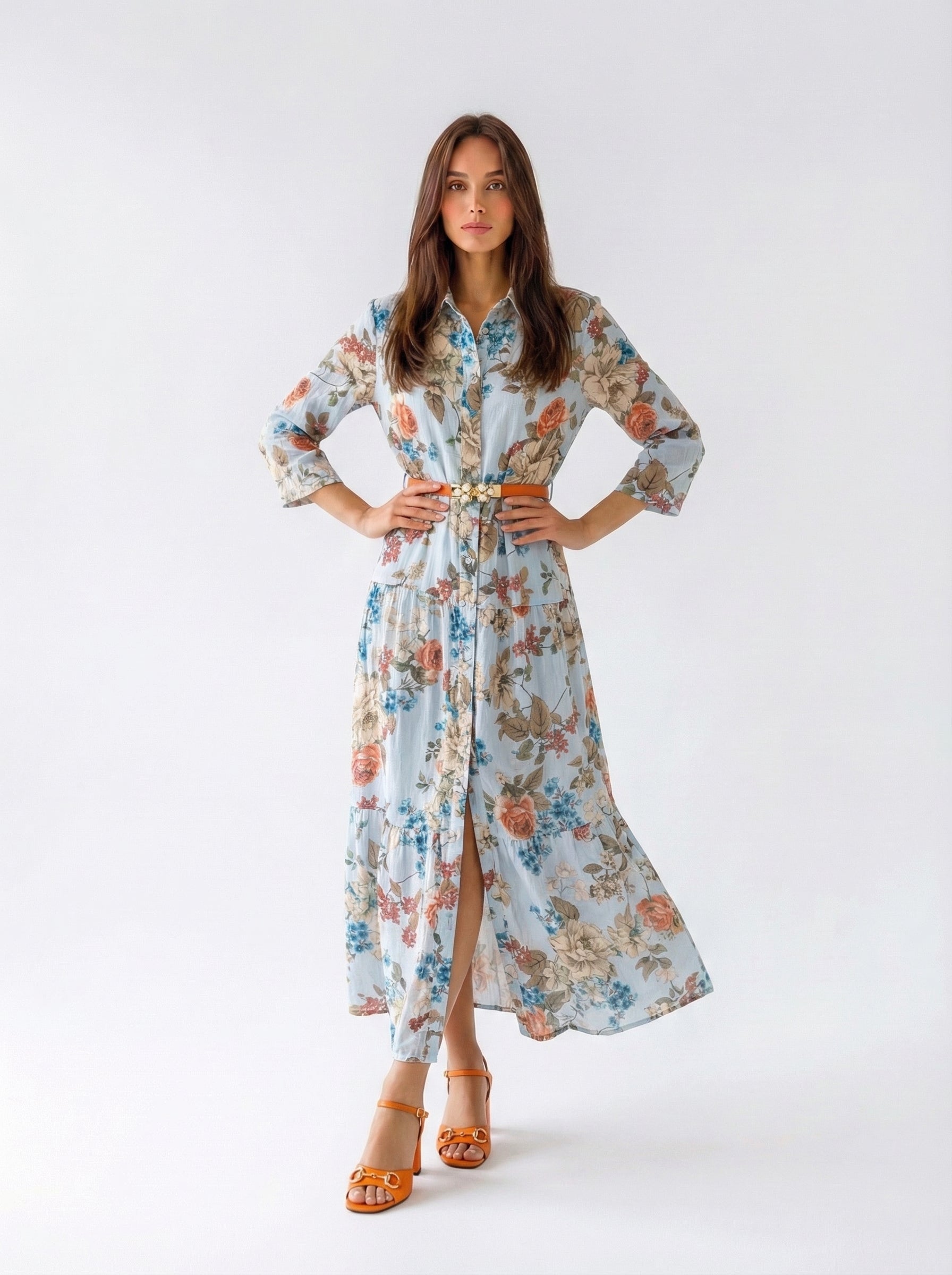 Abito Florelle chemisier in mussola - Azzurro donna