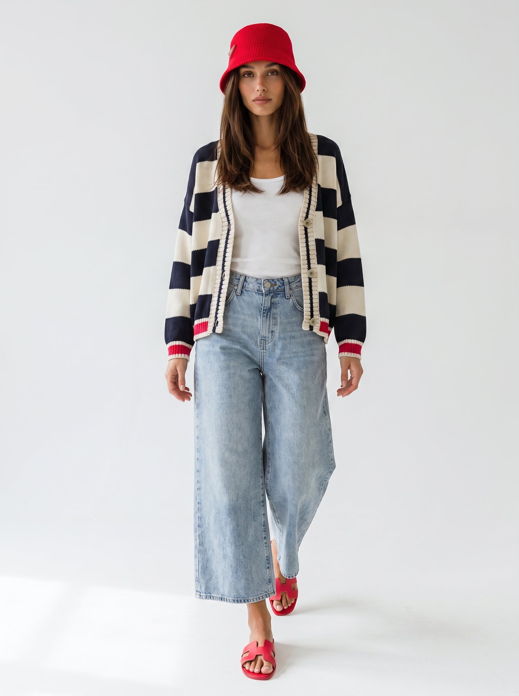 Cardigan Soleil - Rigato blu e panna donna