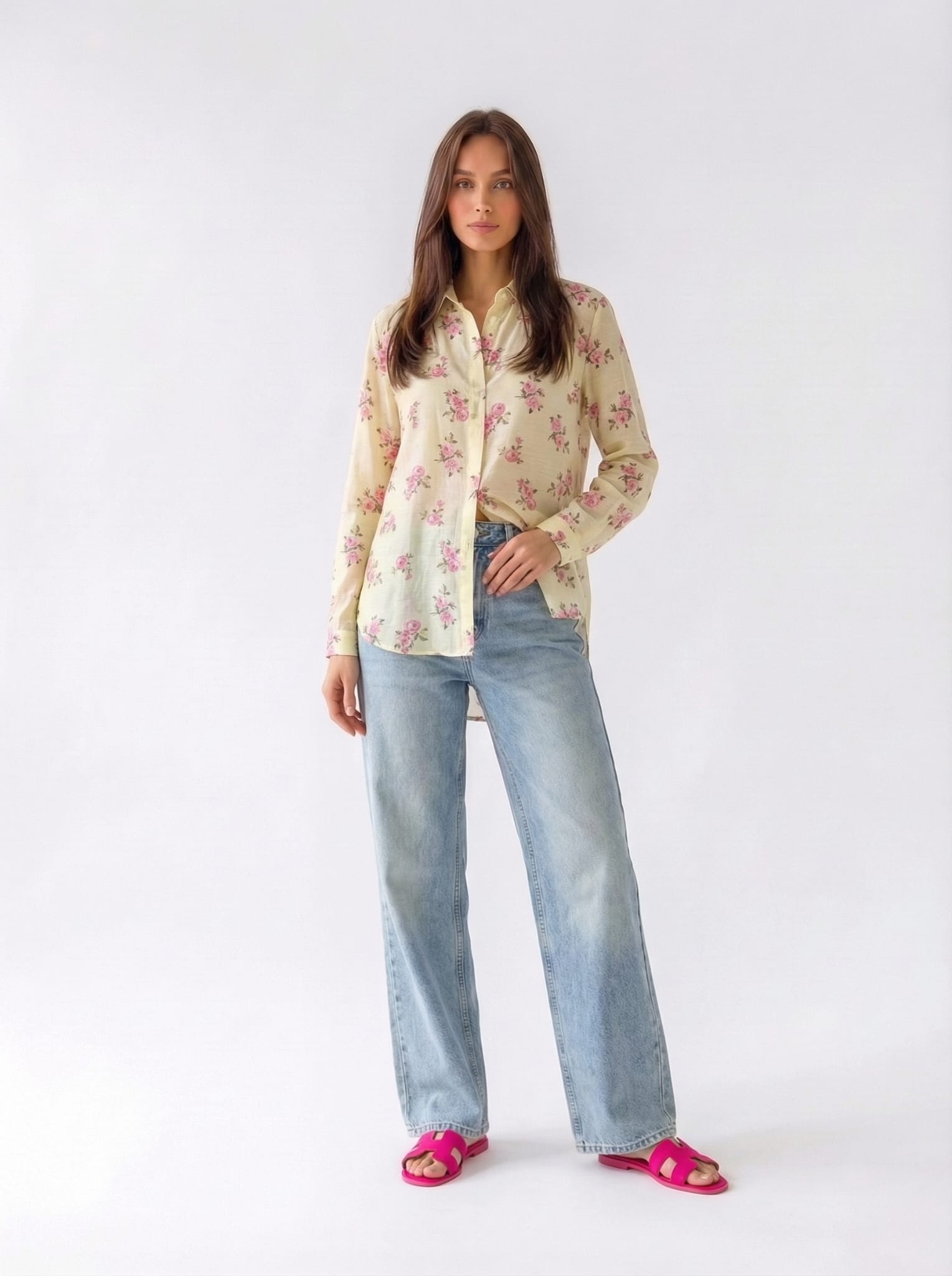 Camicia Liri - Giallo fantasia fiori rosa donna