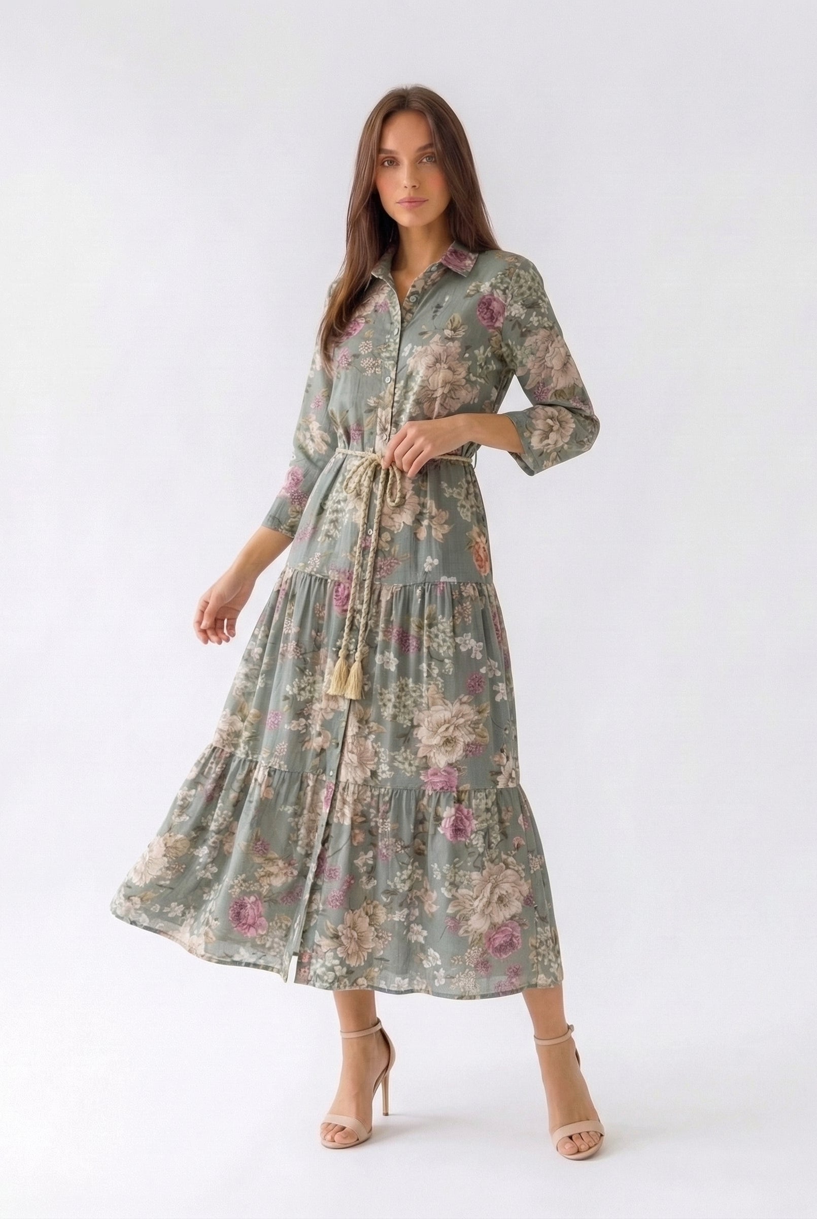 Abito Florelle chemisier in mussola - Verde militare donna