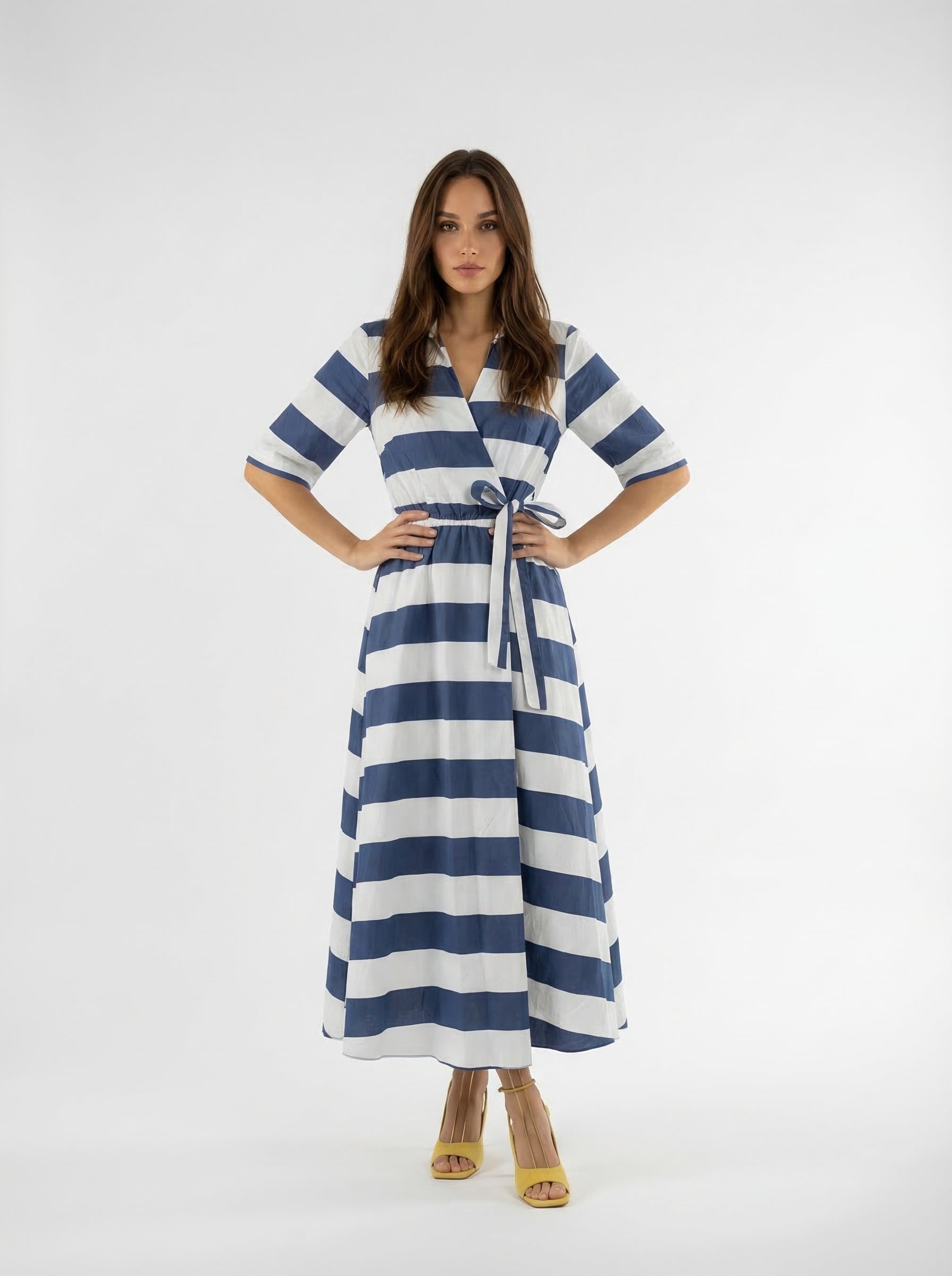 Abito Kyoto kimono a righe con cintura - blu e burro donna