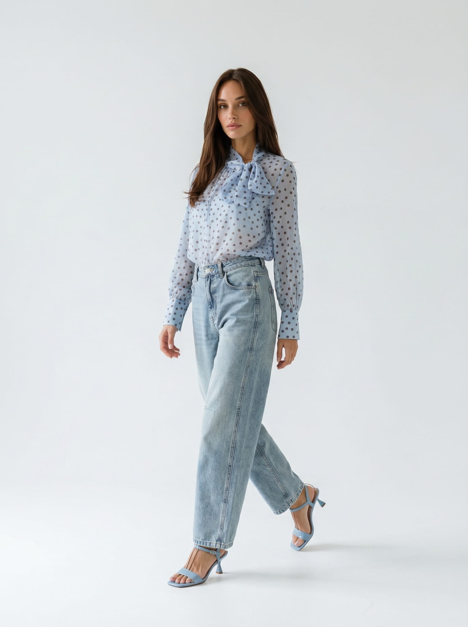 Camicia Luna - Azzurro con pois marrone donna