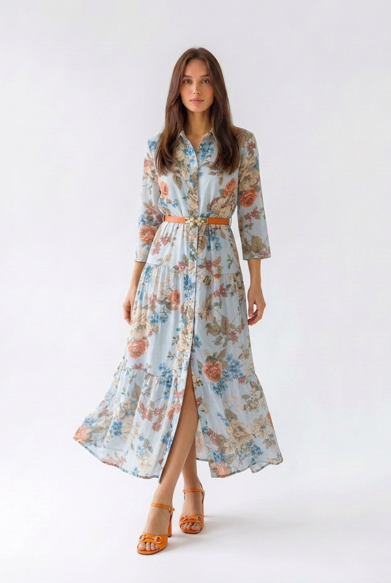 Abito Florelle chemisier in mussola - Azzurro donna