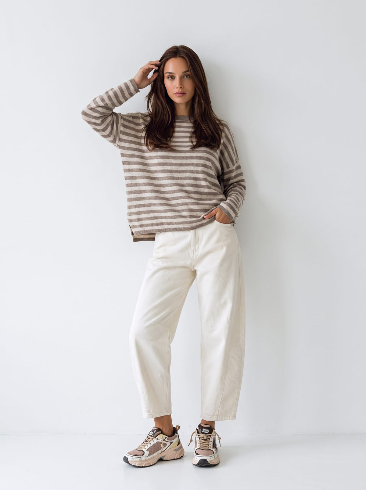 Maxi Pull Orlena – Taupe/Panna Maglia donna