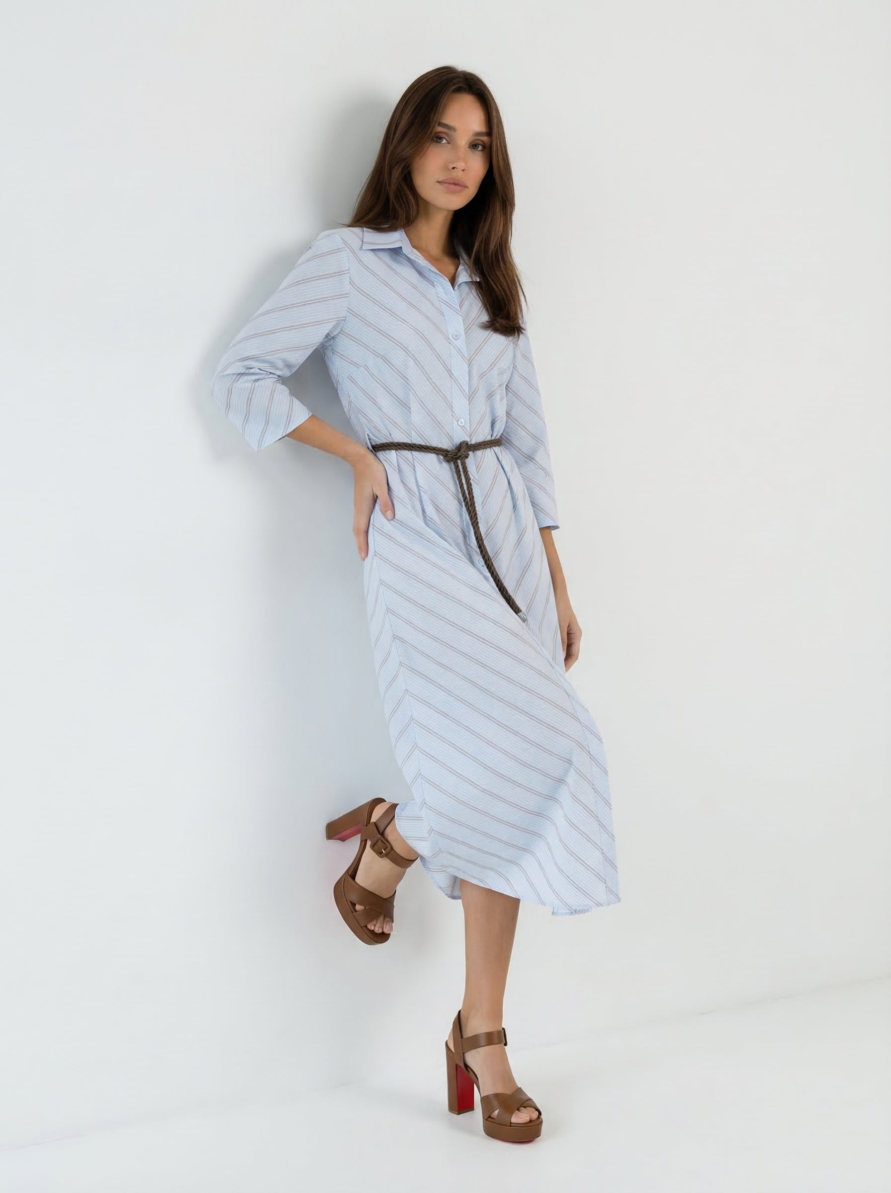 Abito Livia chemisier a righe con cintura - azzurro cielo donna